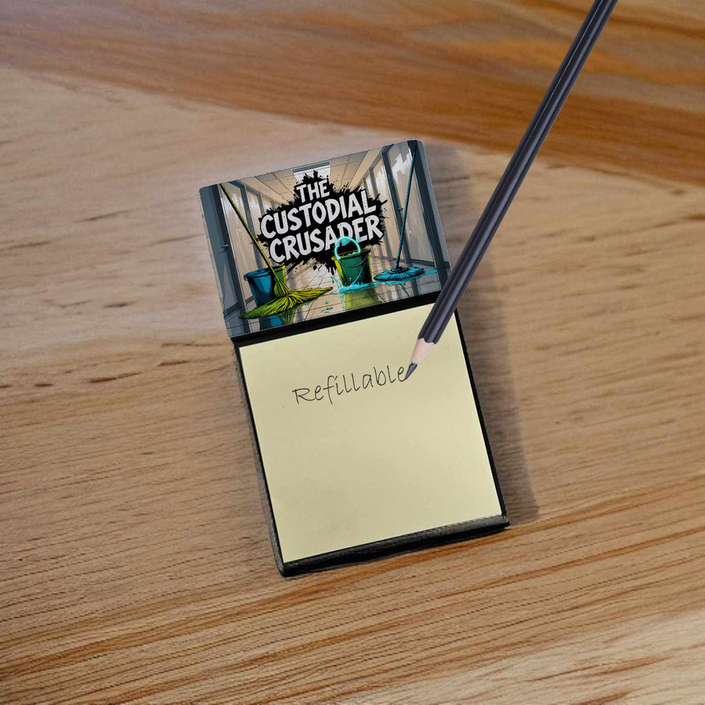 The Custodial Crusader Funny Sticky Note Holder for Teacher's Gift Refillable with 3x3 Notes