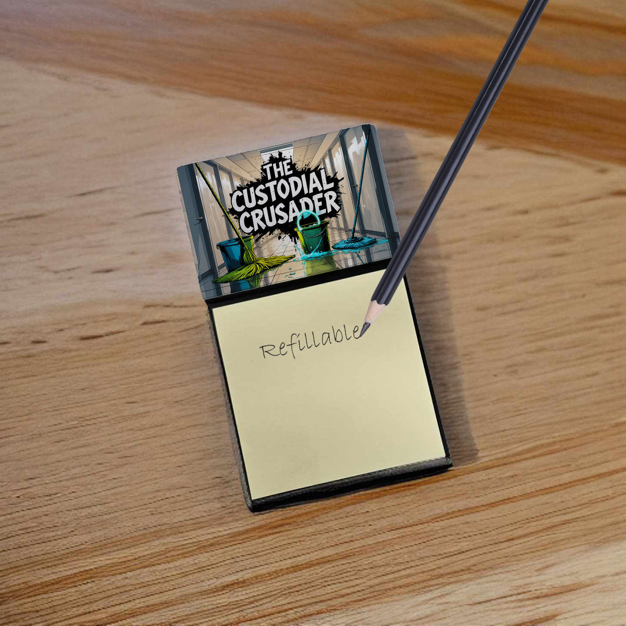 The Custodial Crusader Funny Sticky Note Holder for Teacher's Gift Refillable with 3x3 Notes