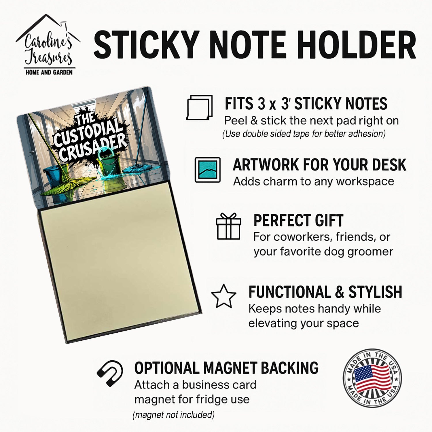 The Custodial Crusader Funny Sticky Note Holder for Teacher's Gift Refillable with 3x3 Notes