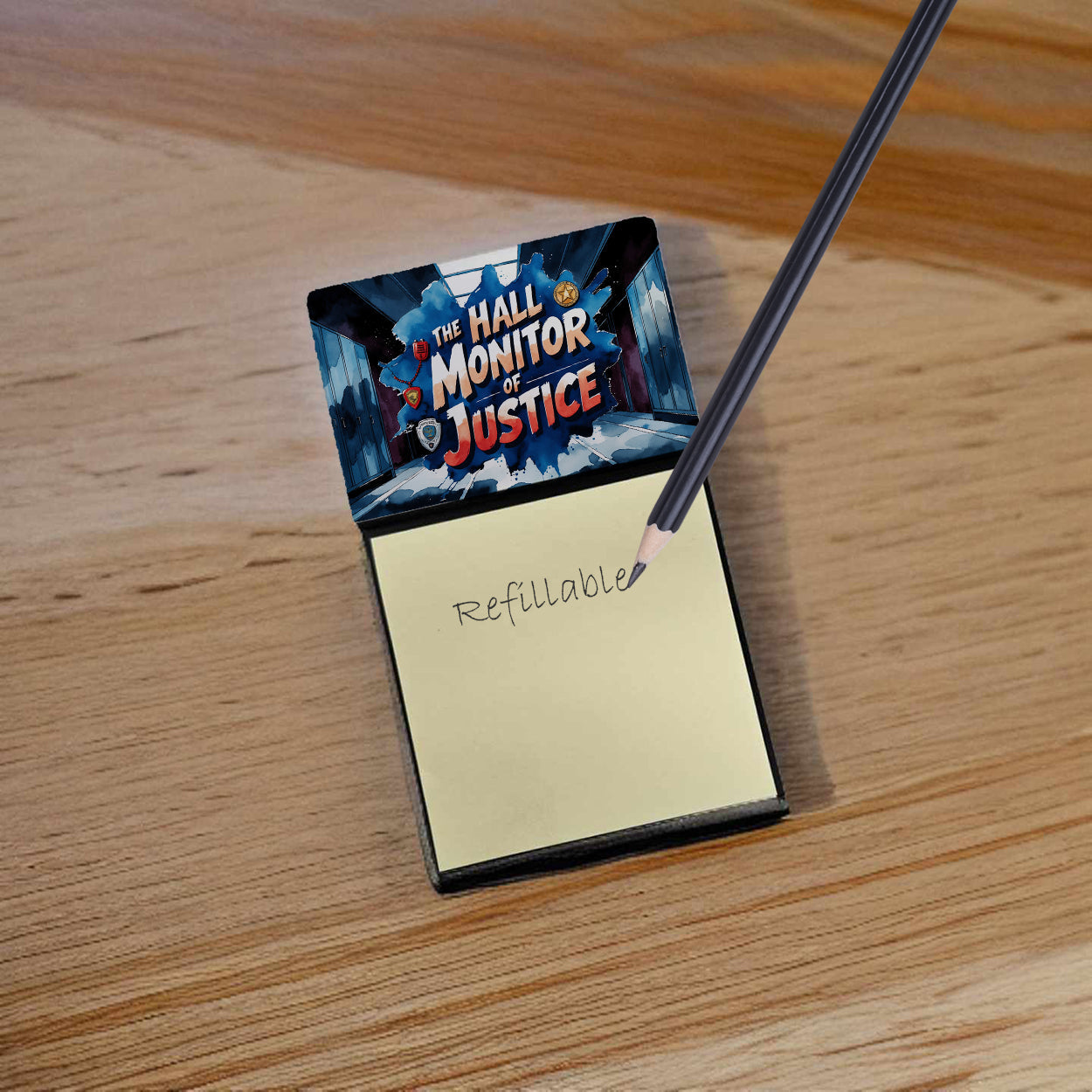The Hall Monitor of Justice Funny Sticky Note Holder for Teacher's Gift Refillable with 3x3 Notes