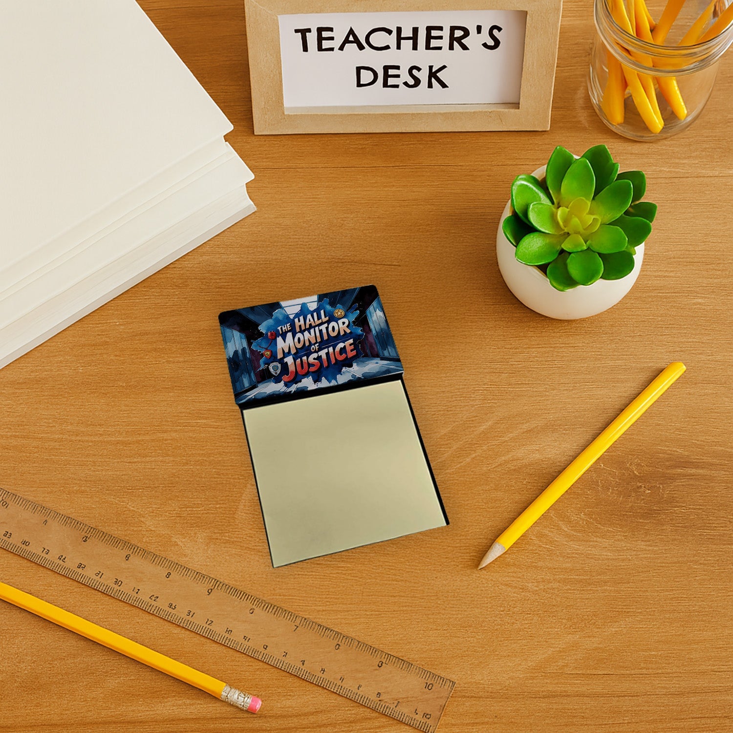 The Hall Monitor of Justice Funny Sticky Note Holder for Teacher's Gift Refillable with 3x3 Notes