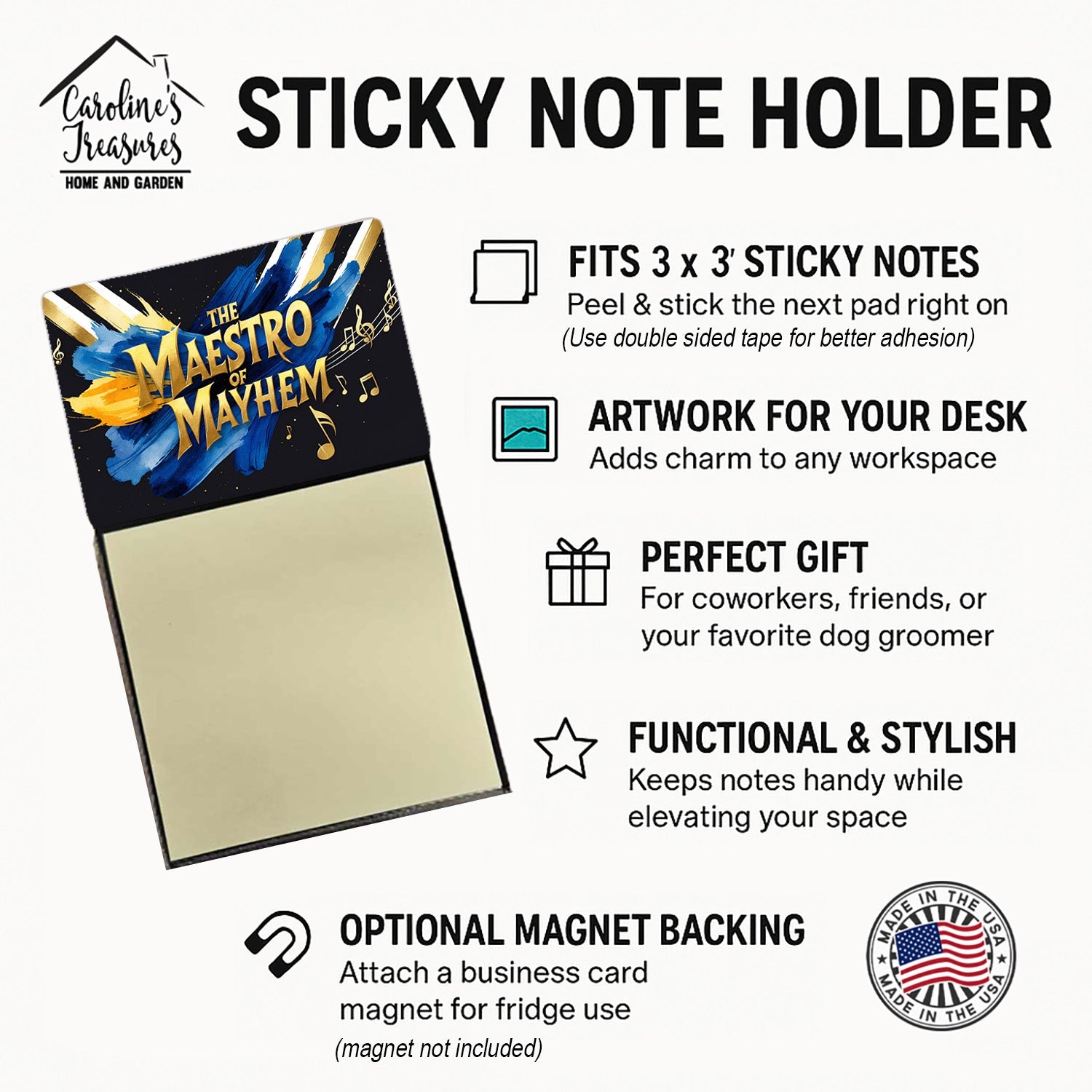 The Maestro of Mayhem Funny Sticky Note Holder for Teacher's Gift Refillable with 3x3 Notes