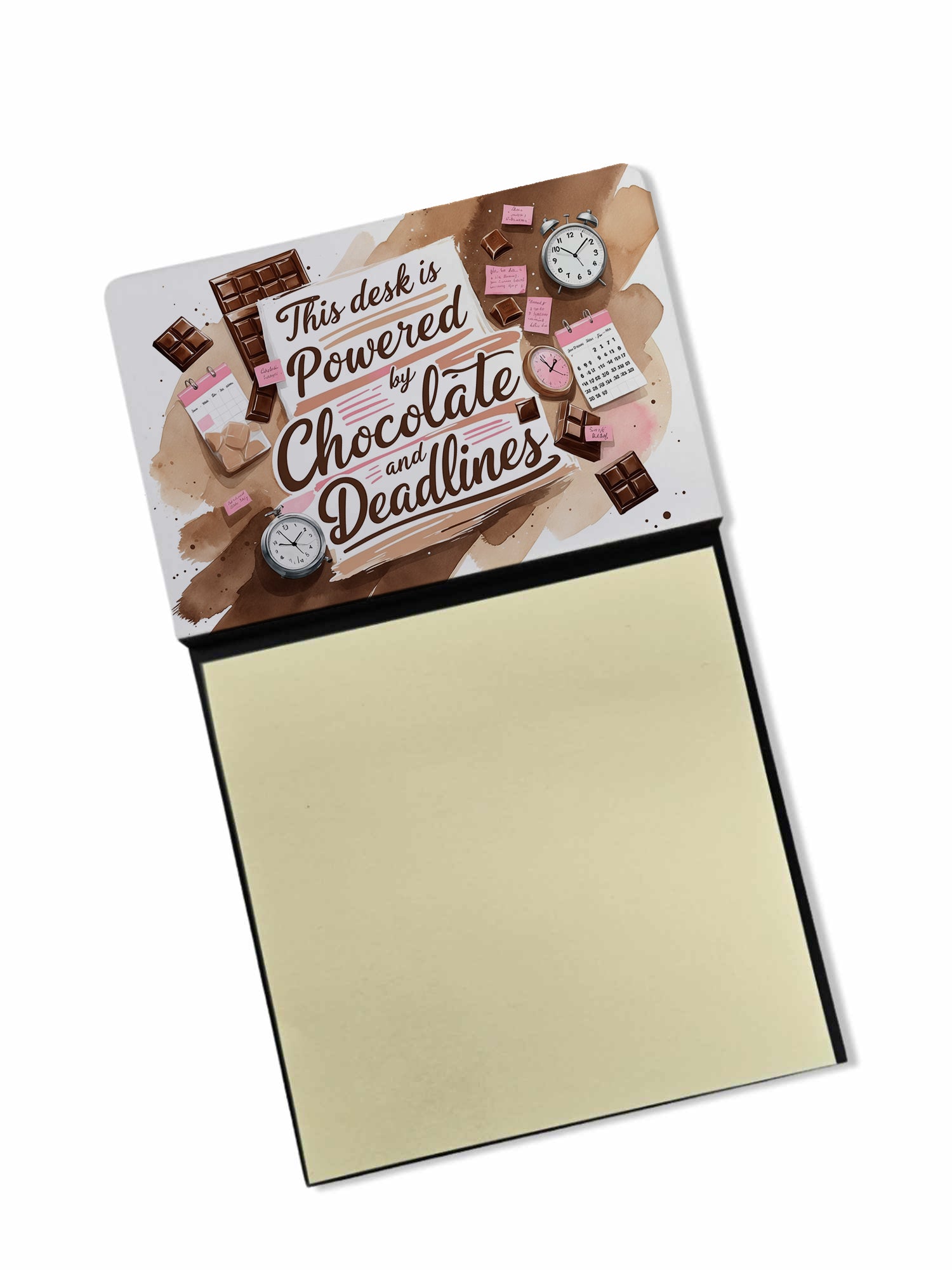 This Desk is Powered by Chocolate and Deadlines Funny Sticky Note Holder for Teacher's Gift Refillable with 3x3 Notes