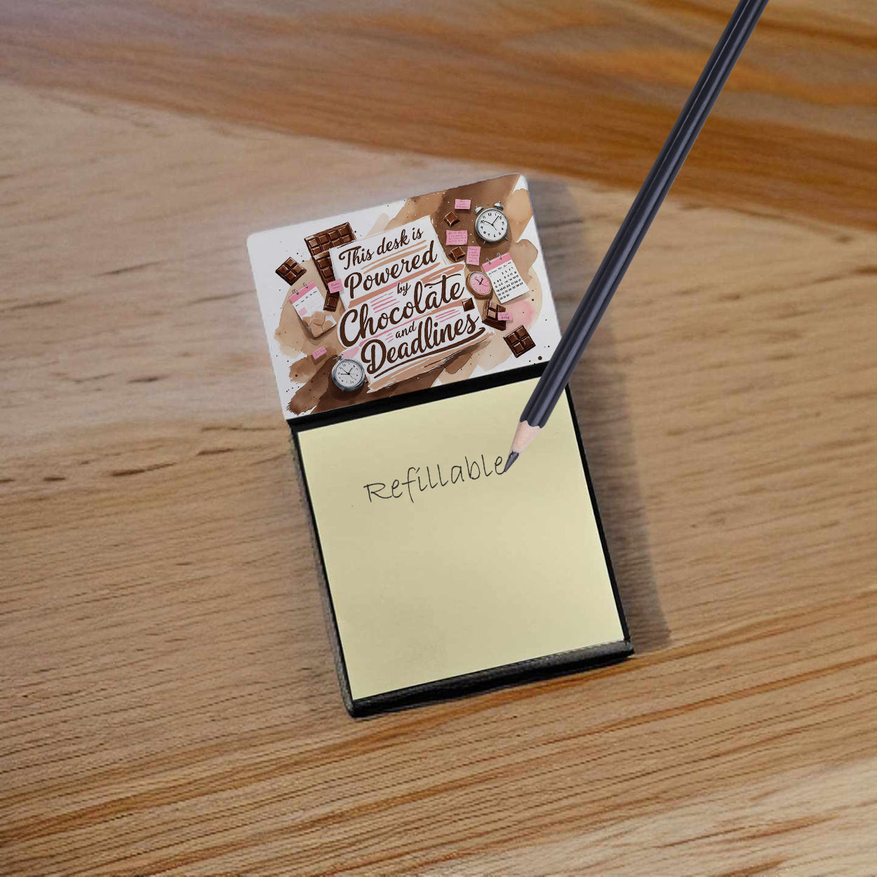 This Desk is Powered by Chocolate and Deadlines Funny Sticky Note Holder for Teacher's Gift Refillable with 3x3 Notes