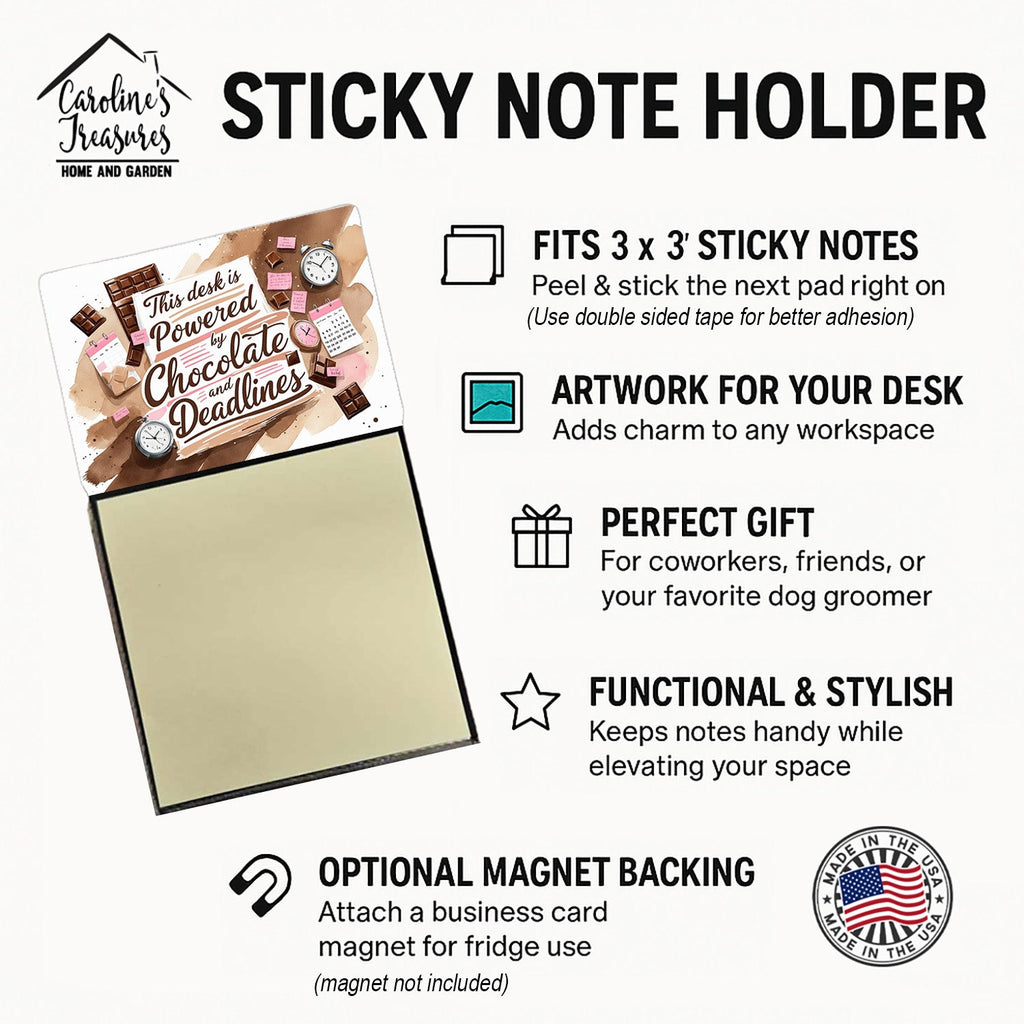 This Desk is Powered by Chocolate and Deadlines Funny Sticky Note Holder for Teacher's Gift Refillable with 3x3 Notes