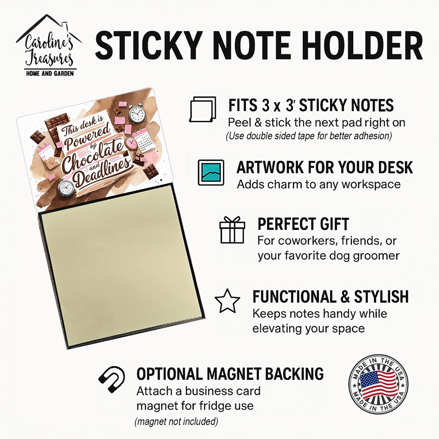 This Desk is Powered by Chocolate and Deadlines Funny Sticky Note Holder for Teacher's Gift Refillable with 3x3 Notes