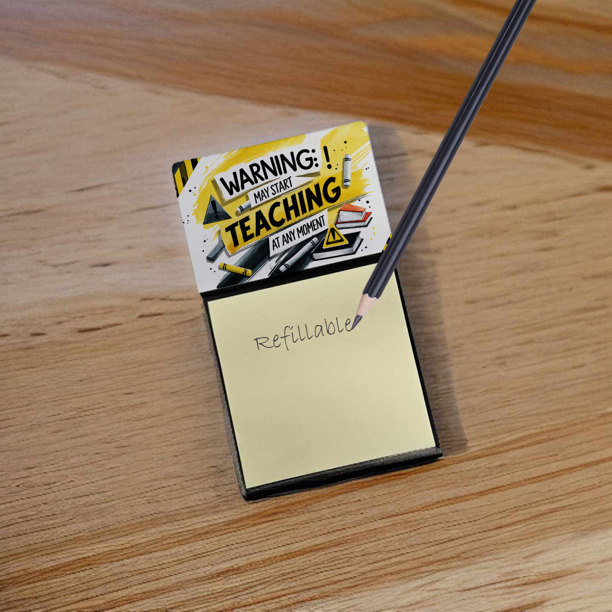 Warning May Start Teaching at Any Moment Funny Sticky Note Holder for Teacher's Gift Refillable with 3x3 Notes