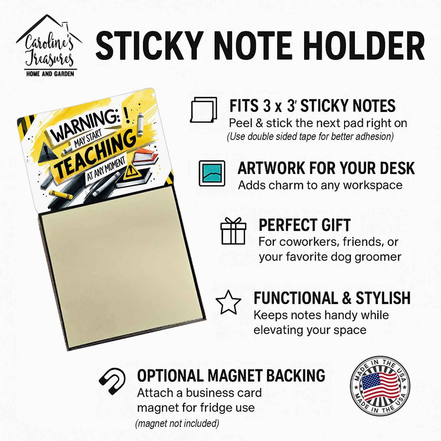Warning May Start Teaching at Any Moment Funny Sticky Note Holder for Teacher's Gift Refillable with 3x3 Notes