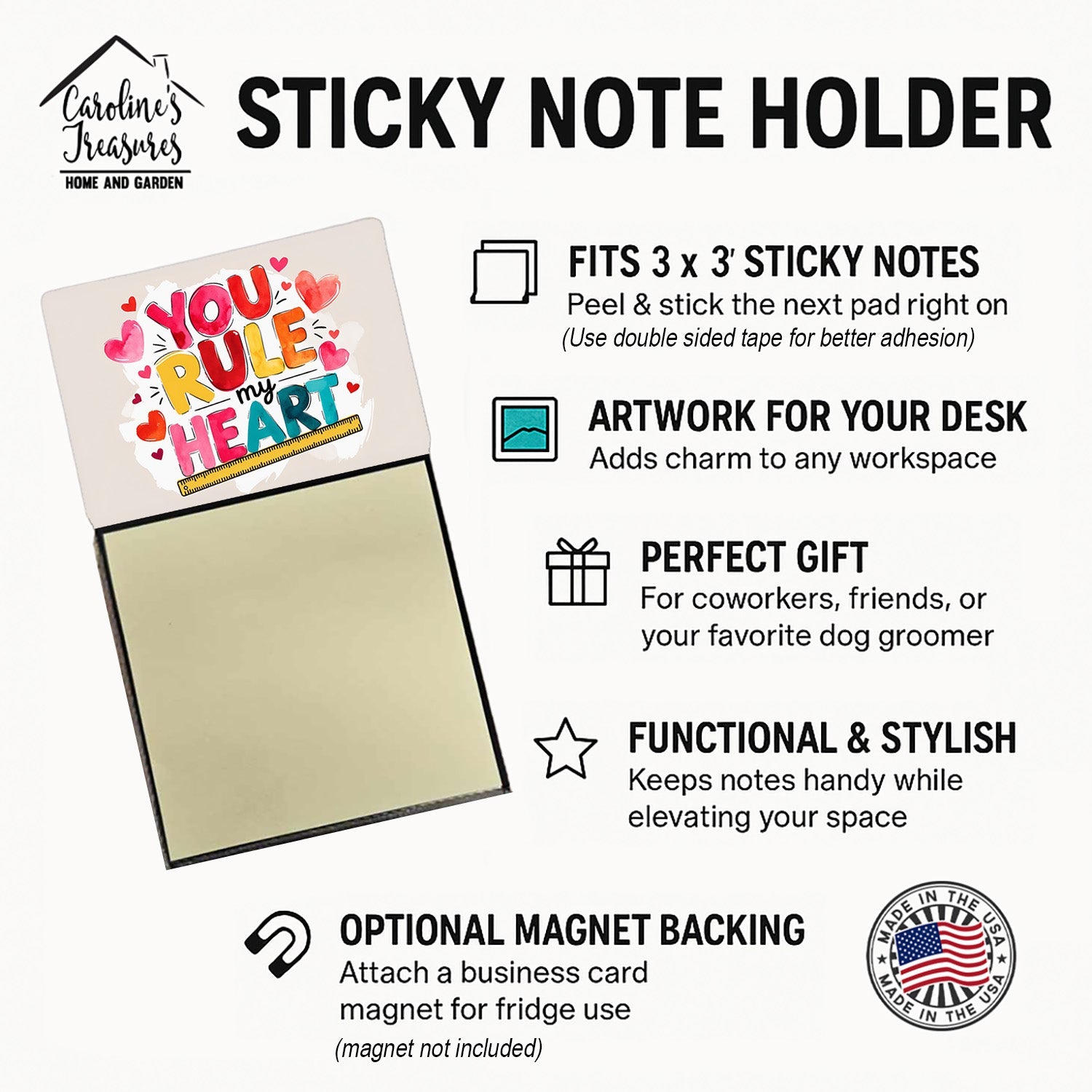 You Rule My Heart Funny Sticky Note Holder for Teacher's Gift Refillable with 3x3 Notes