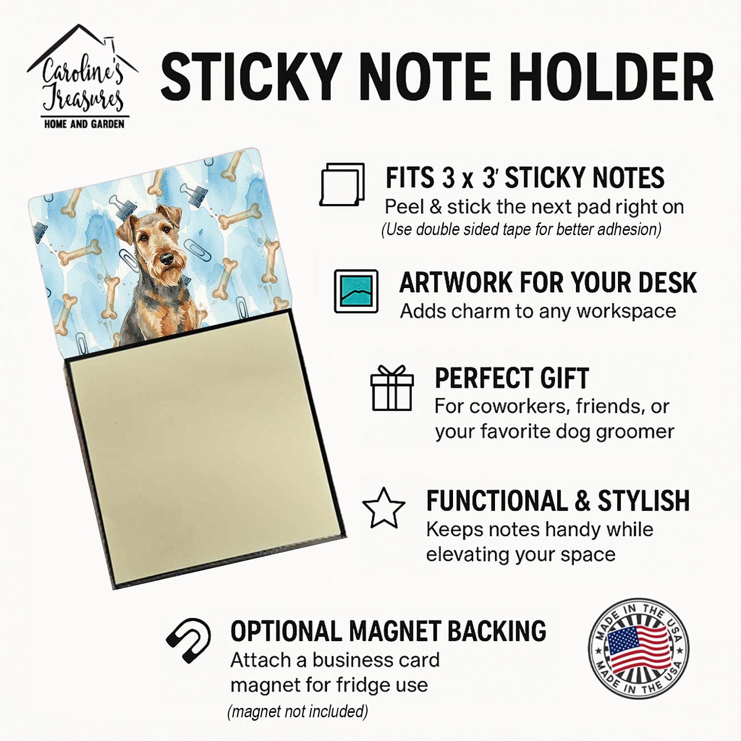 Grizzle Airedale Terrier Coworker Watercolor Sticky Note Holder Refillable Dispenser Desk Accessory 3x3 Pad Gift