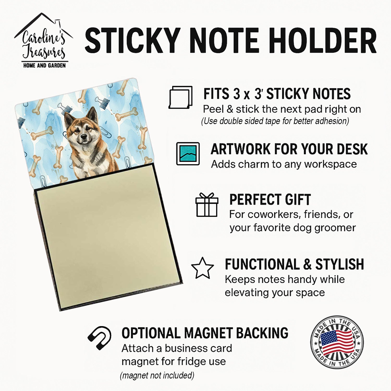 Brindle Akita Coworker Watercolor Sticky Note Holder Refillable Dispenser Desk Accessory 3x3 Pad Gift