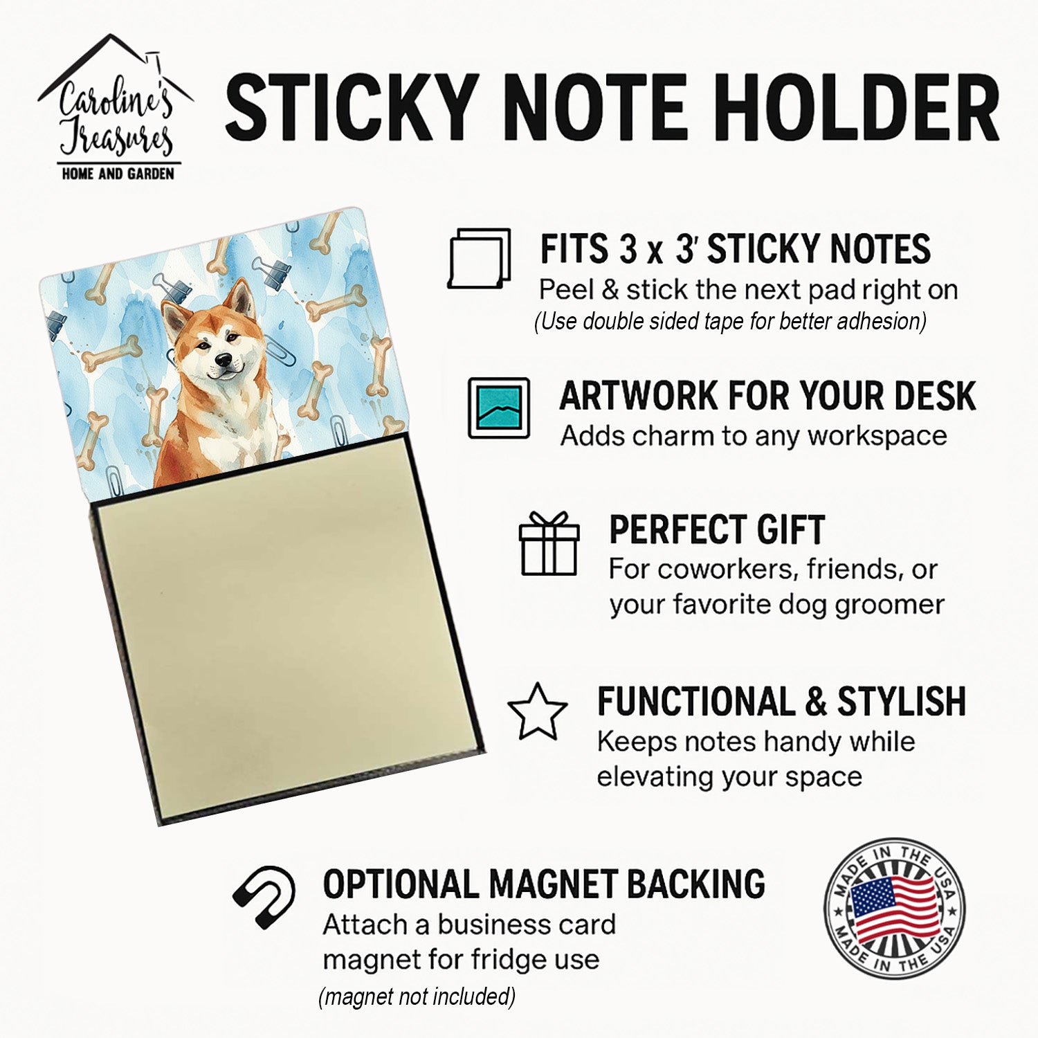 Red Akita Coworker Watercolor Sticky Note Holder Refillable Dispenser Desk Accessory 3x3 Pad Gift