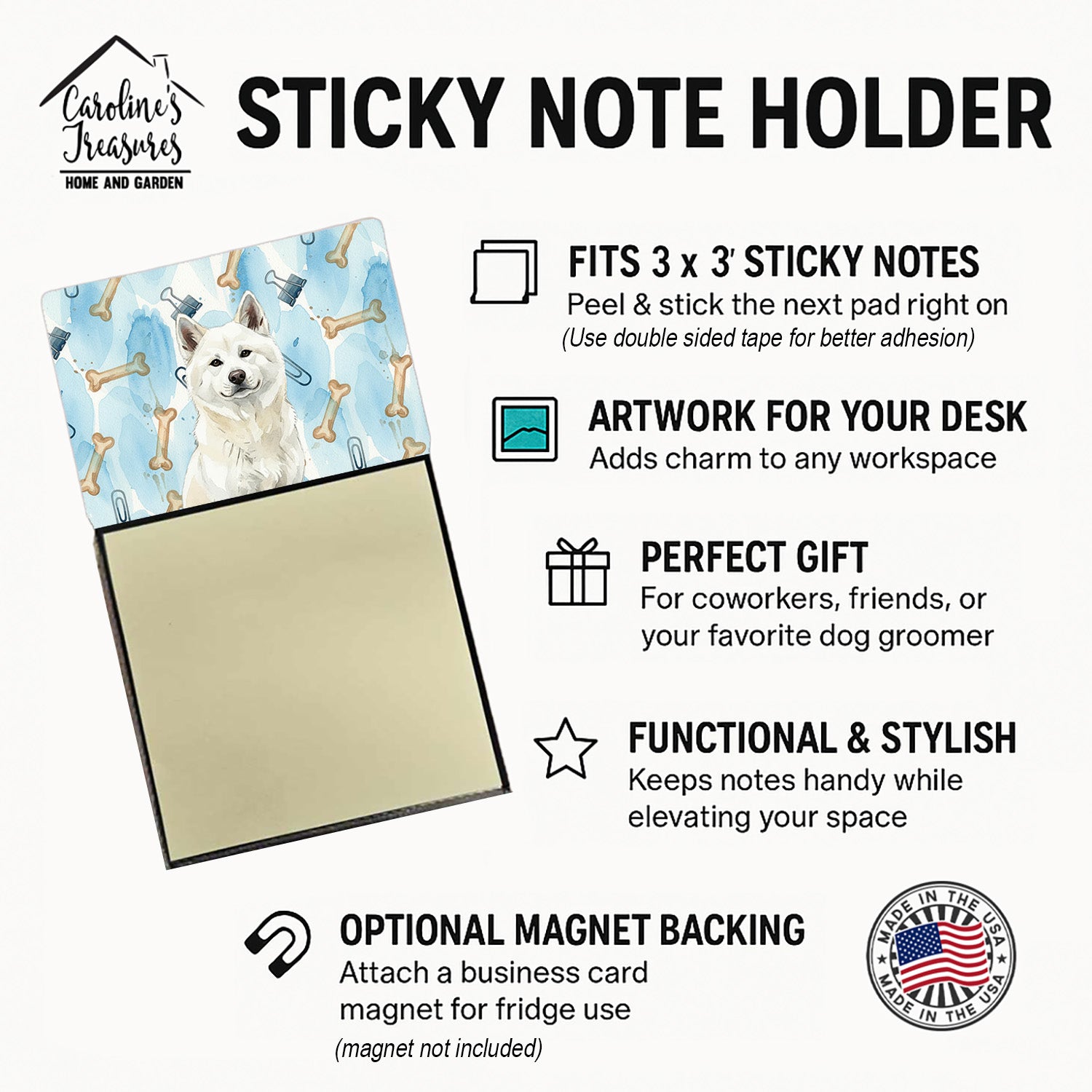 White Akita Coworker Watercolor Sticky Note Holder Refillable Dispenser Desk Accessory 3x3 Pad Gift