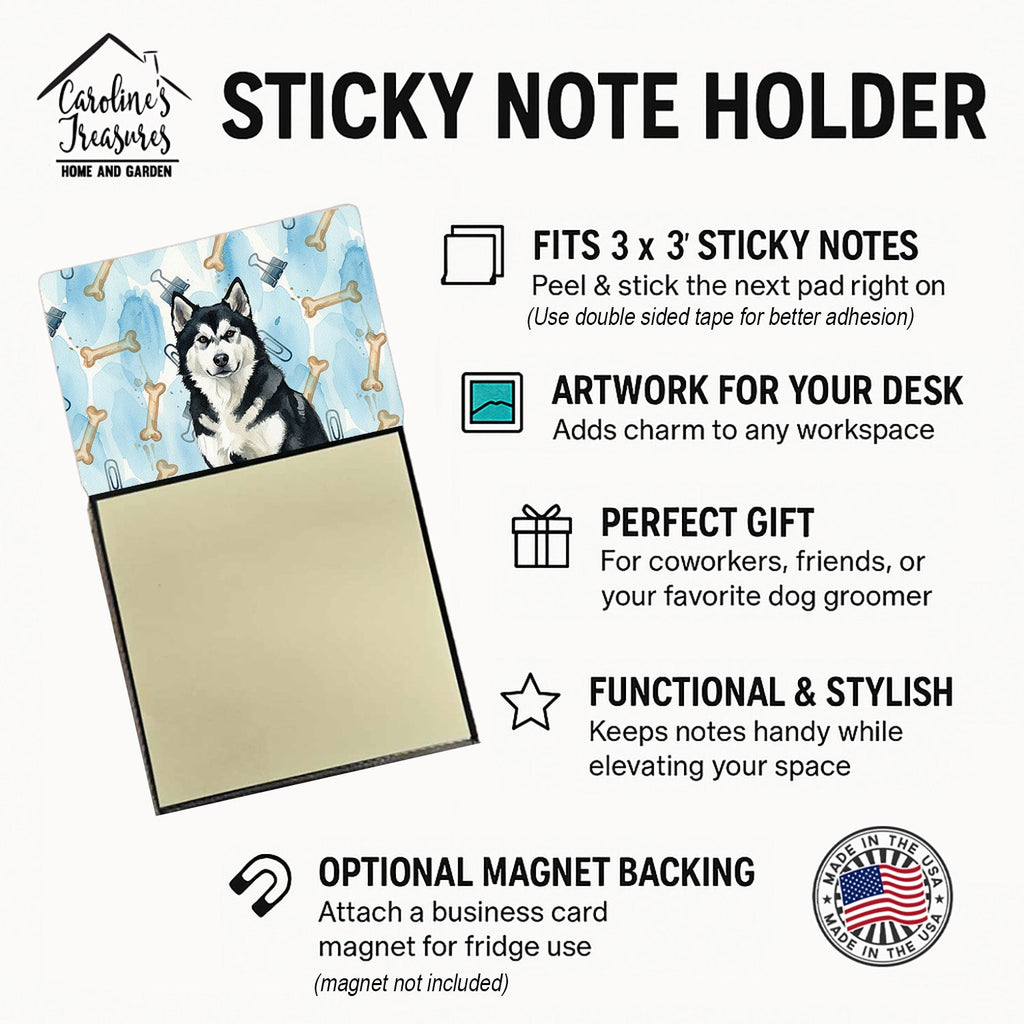Black and White Alaskan Malamute Coworker Watercolor Sticky Note Holder Refillable Dispenser Desk Accessory 3x3 Pad Gift