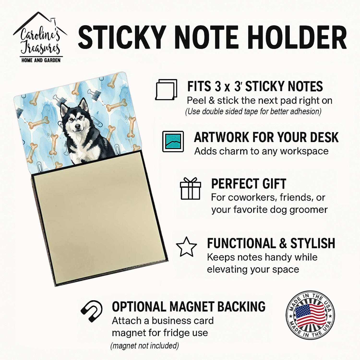 Black and White Alaskan Malamute Coworker Watercolor Sticky Note Holder Refillable Dispenser Desk Accessory 3x3 Pad Gift