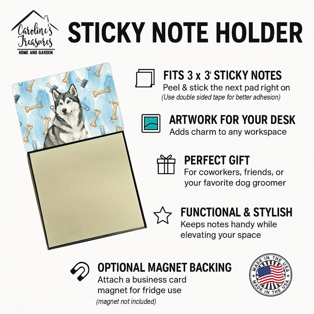 Gray and White Alaskan Malamute Coworker Watercolor Sticky Note Holder Refillable Dispenser Desk Accessory 3x3 Pad Gift