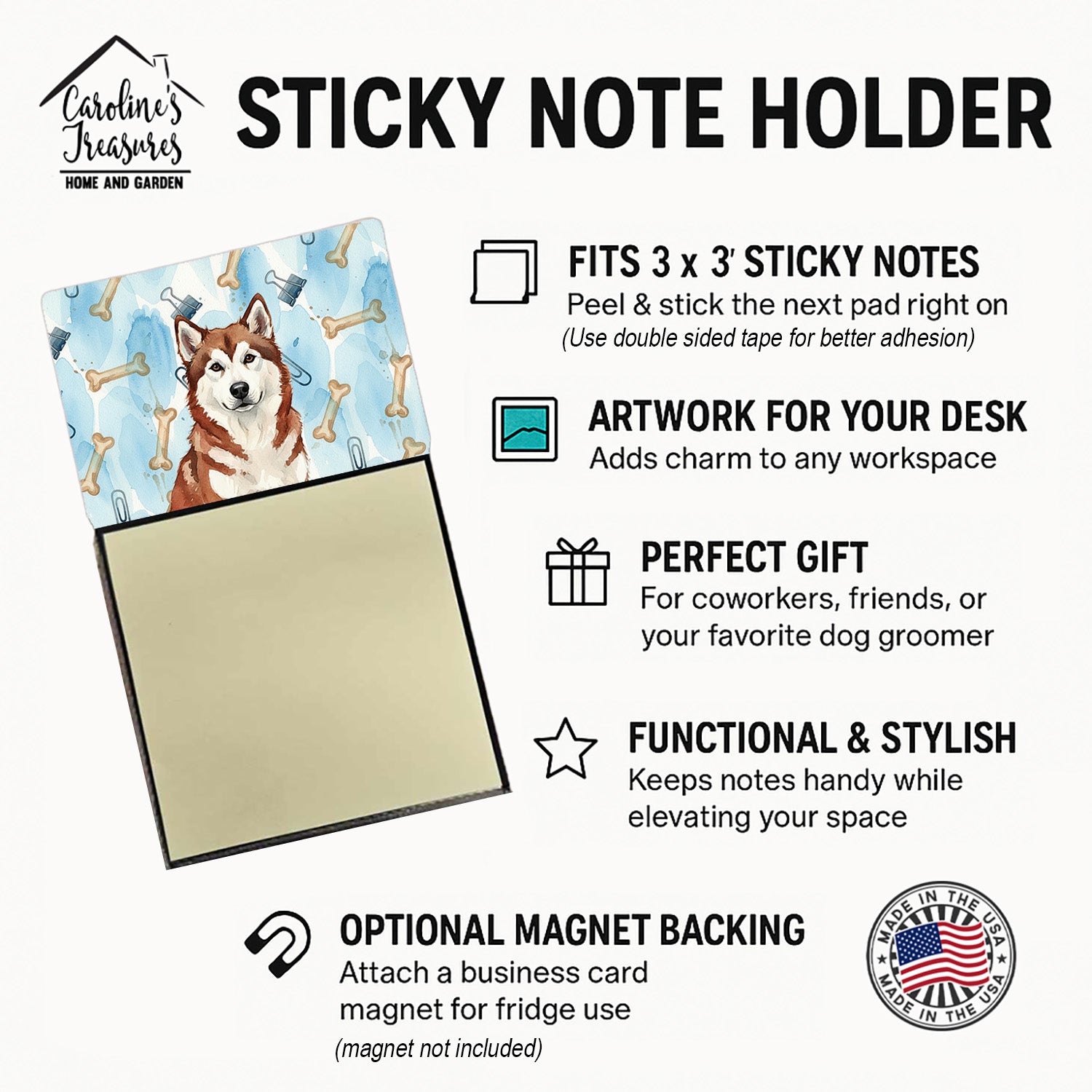 Red and White Alaskan Malamute Coworker Watercolor Sticky Note Holder Refillable Dispenser Desk Accessory 3x3 Pad Gift
