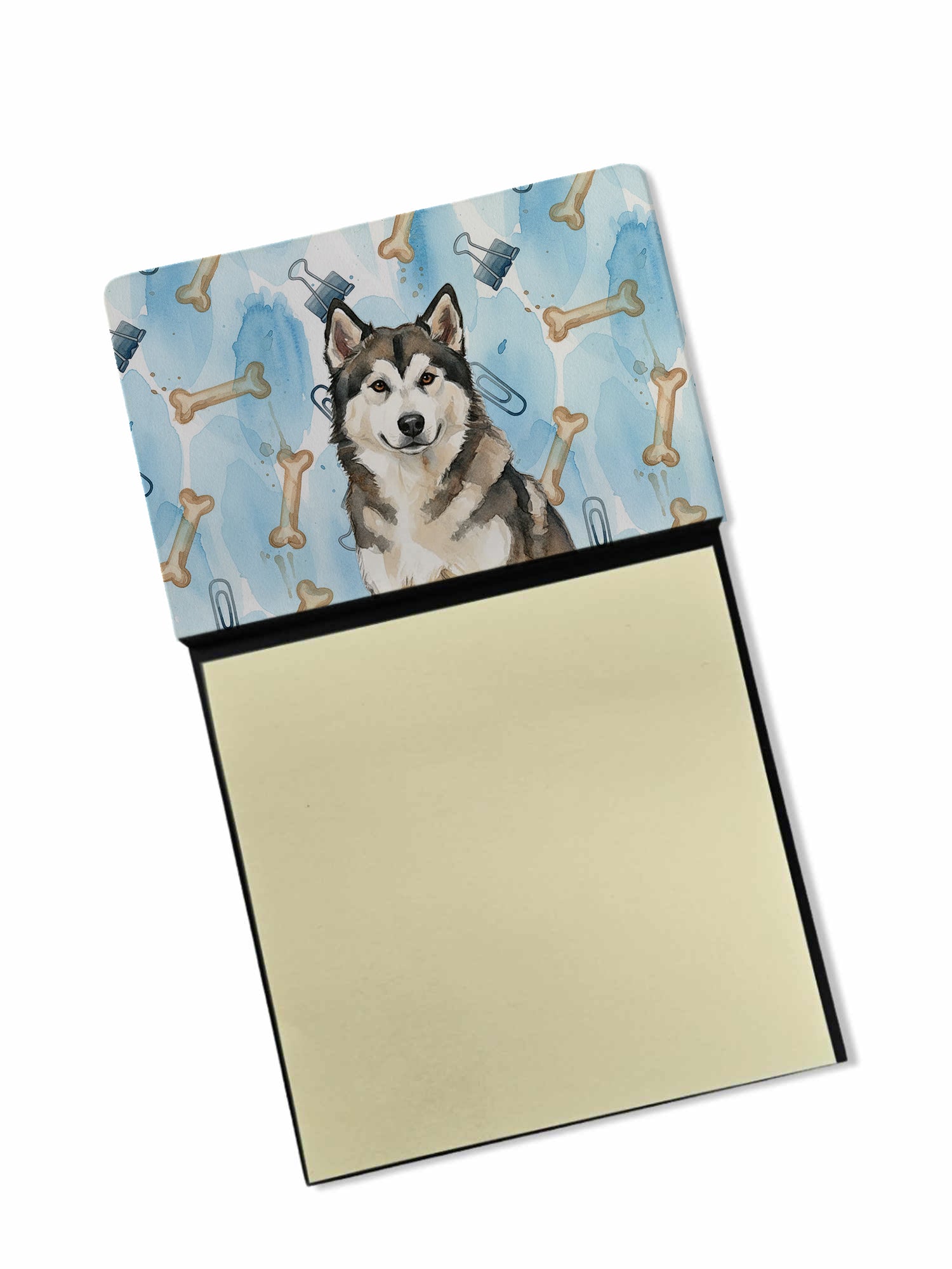 Sable and White Alaskan Malamute Coworker Watercolor Sticky Note Holder Refillable Dispenser Desk Accessory 3x3 Pad Gift