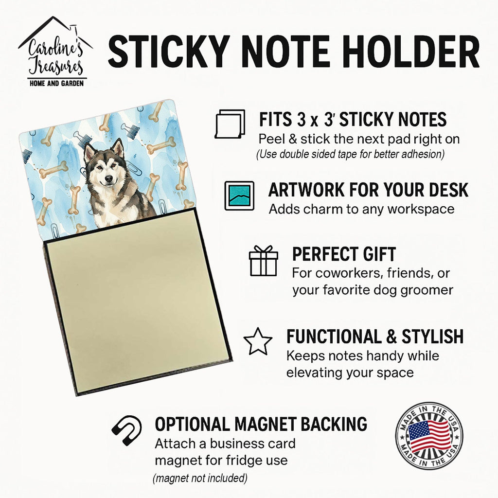 Sable and White Alaskan Malamute Coworker Watercolor Sticky Note Holder Refillable Dispenser Desk Accessory 3x3 Pad Gift