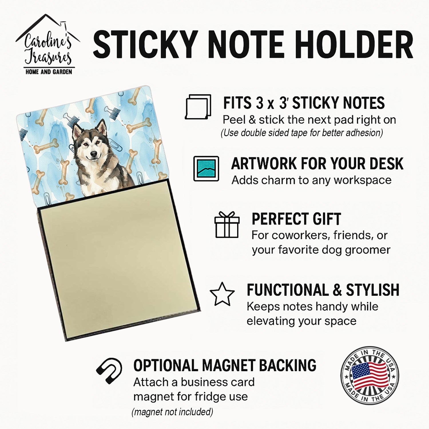 Sable and White Alaskan Malamute Coworker Watercolor Sticky Note Holder Refillable Dispenser Desk Accessory 3x3 Pad Gift