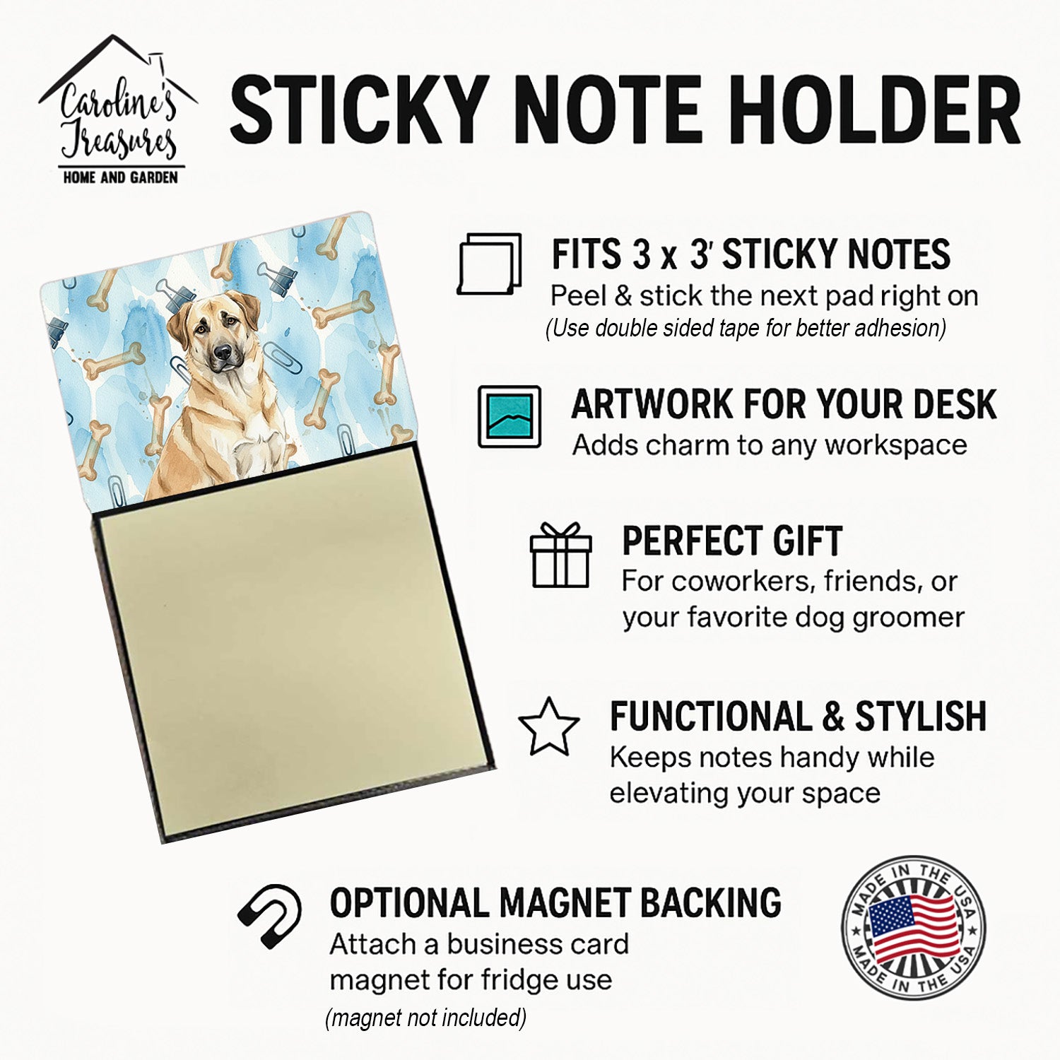 Anatolian Shepherd Dog Coworker Watercolor Sticky Note Holder Refillable Dispenser Desk Accessory 3x3 Pad Gift