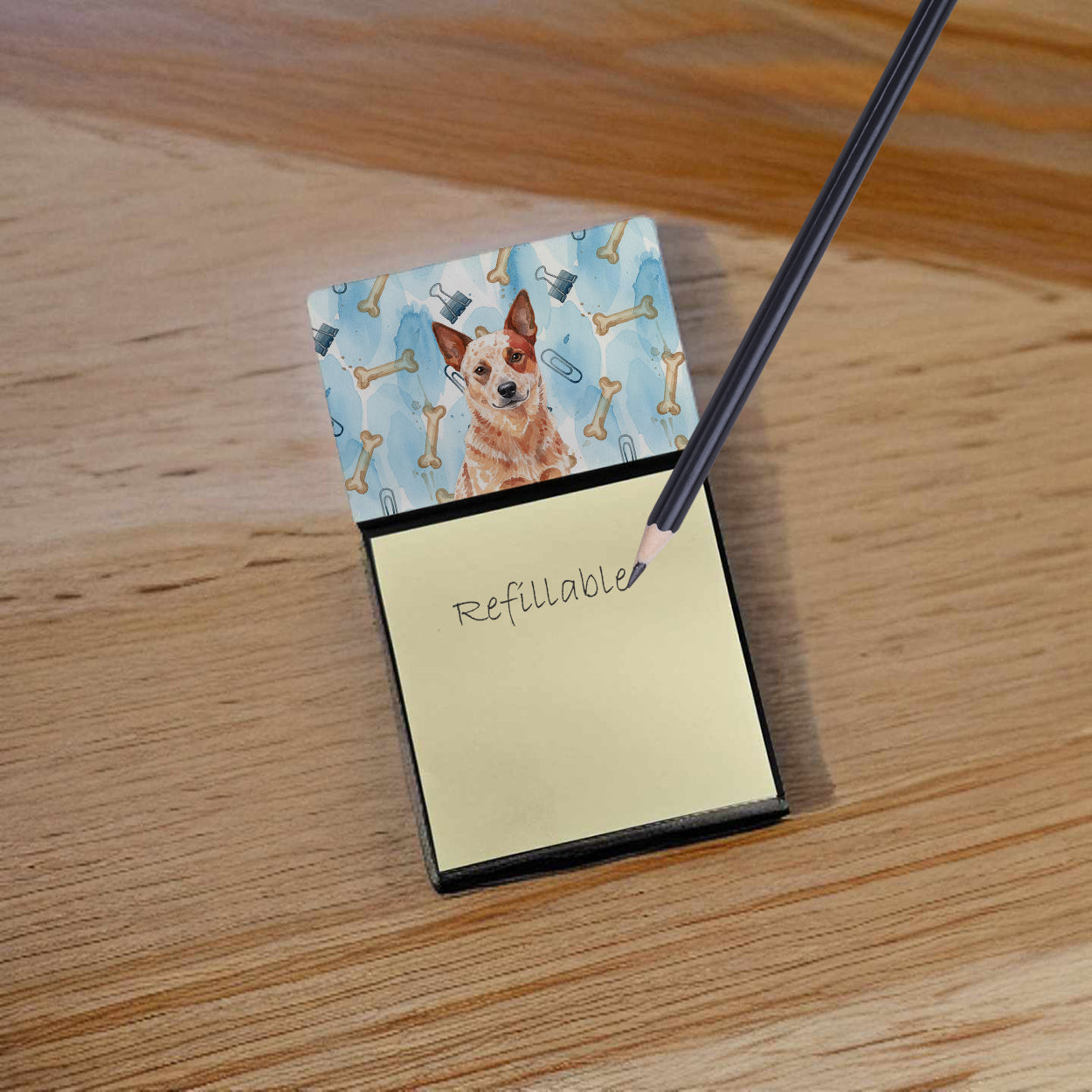 Red Heeler Australian Cattle Dog Coworker Watercolor Sticky Note Holder Refillable Dispenser Desk Accessory 3x3 Pad Gift