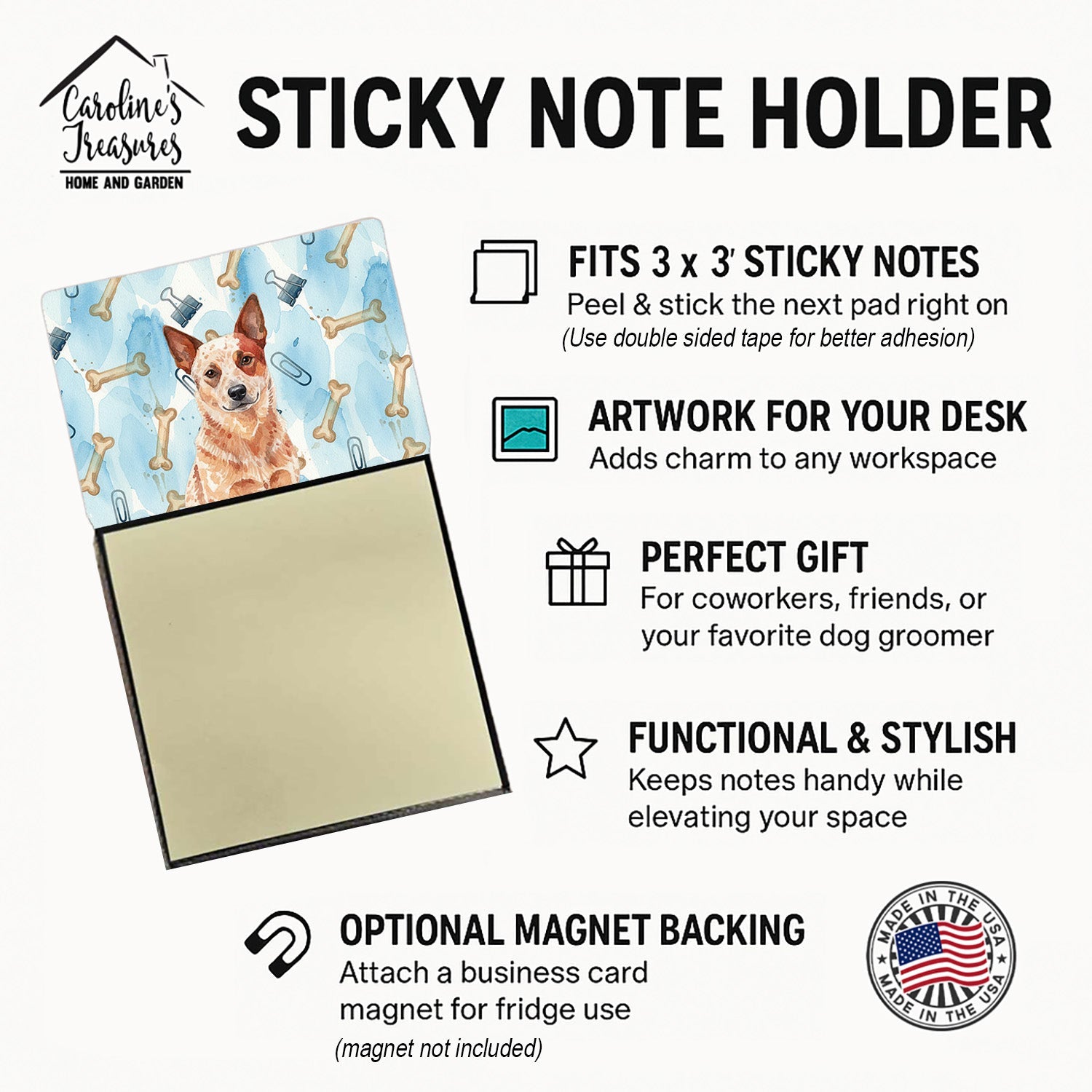 Red Heeler Australian Cattle Dog Coworker Watercolor Sticky Note Holder Refillable Dispenser Desk Accessory 3x3 Pad Gift