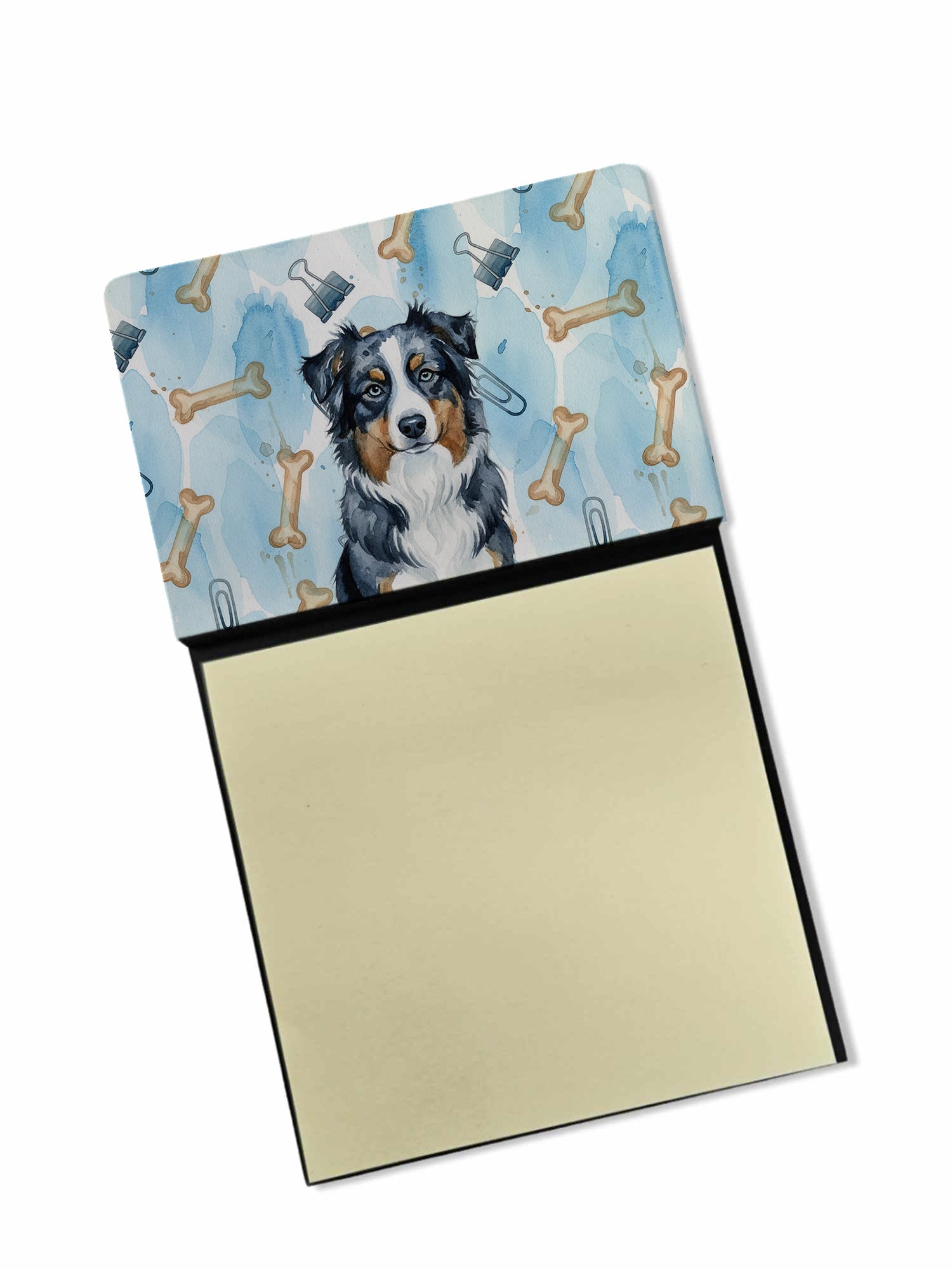 Black Australian Shepherd Coworker Watercolor Sticky Note Holder Refillable Dispenser Desk Accessory 3x3 Pad Gift
