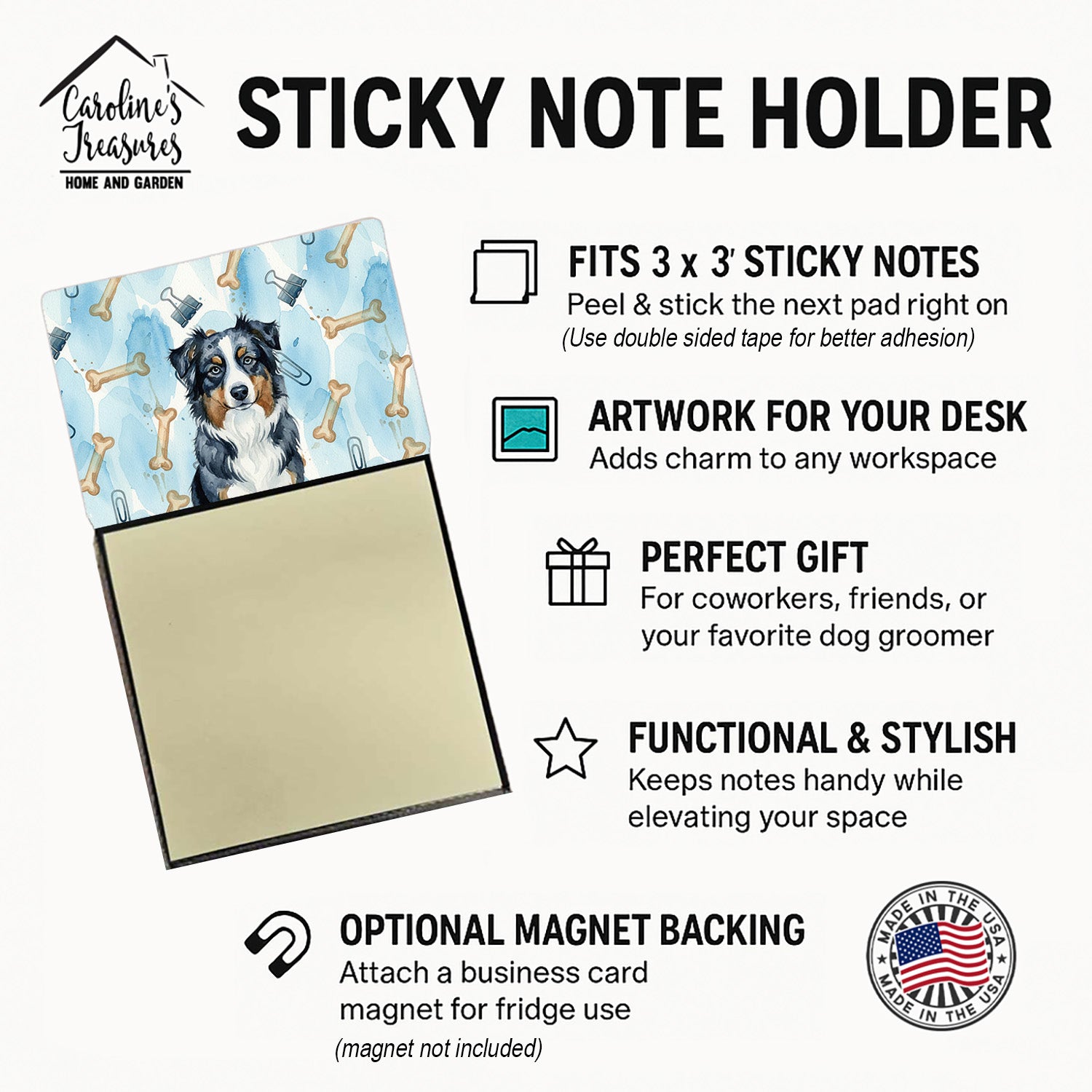 Black Australian Shepherd Coworker Watercolor Sticky Note Holder Refillable Dispenser Desk Accessory 3x3 Pad Gift