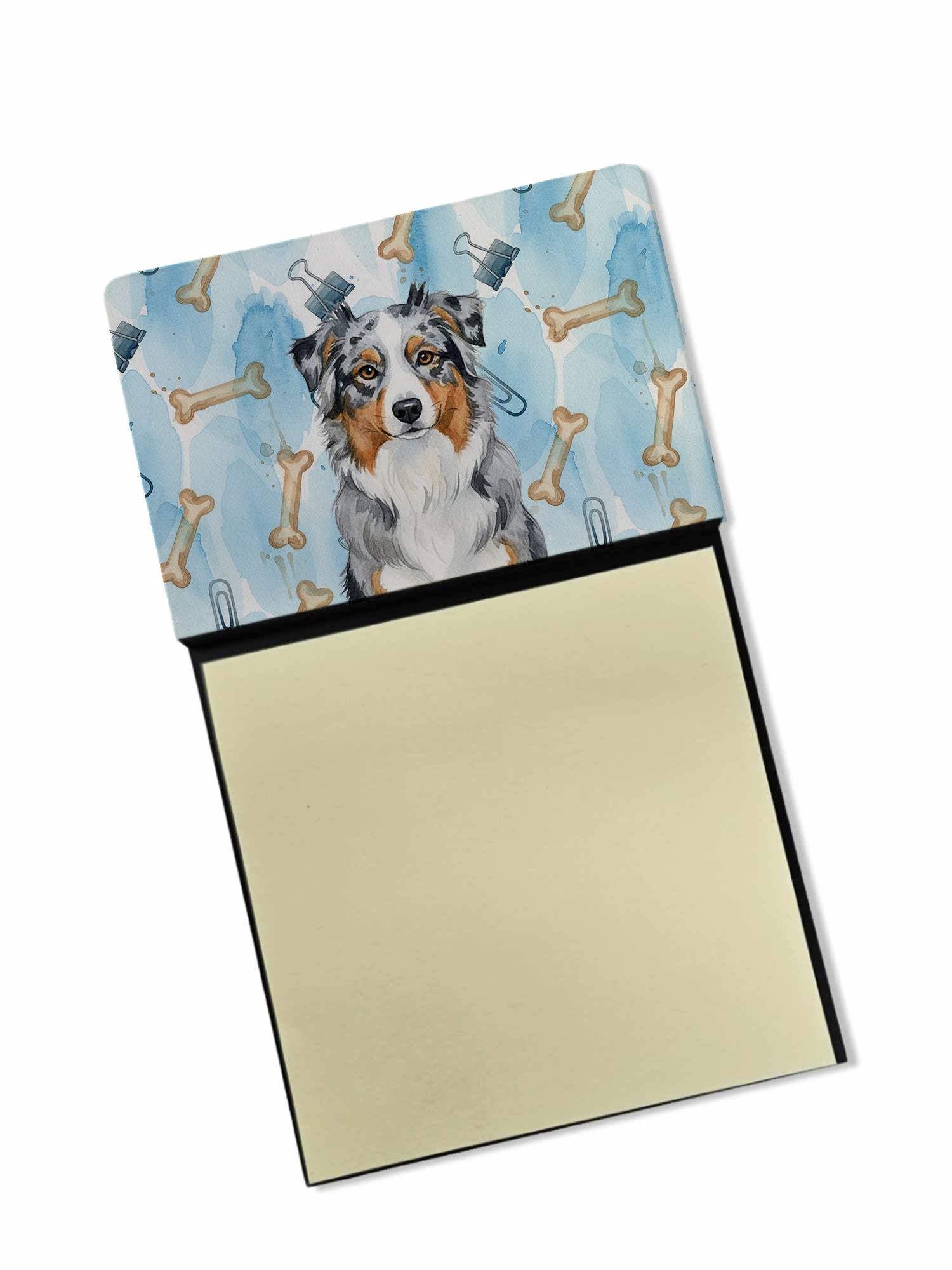 Blue Merle Australian Shepherd Coworker Watercolor Sticky Note Holder Refillable Dispenser Desk Accessory 3x3 Pad Gift