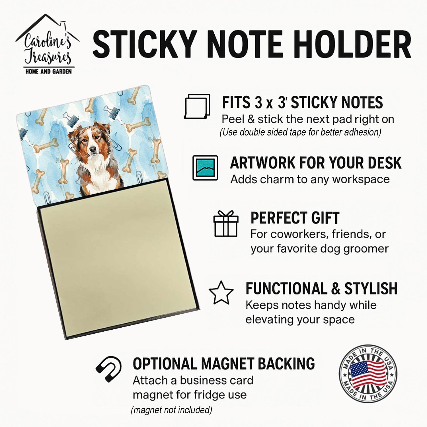 Red Merle Australian Shepherd Coworker Watercolor Sticky Note Holder Refillable Dispenser Desk Accessory 3x3 Pad Gift