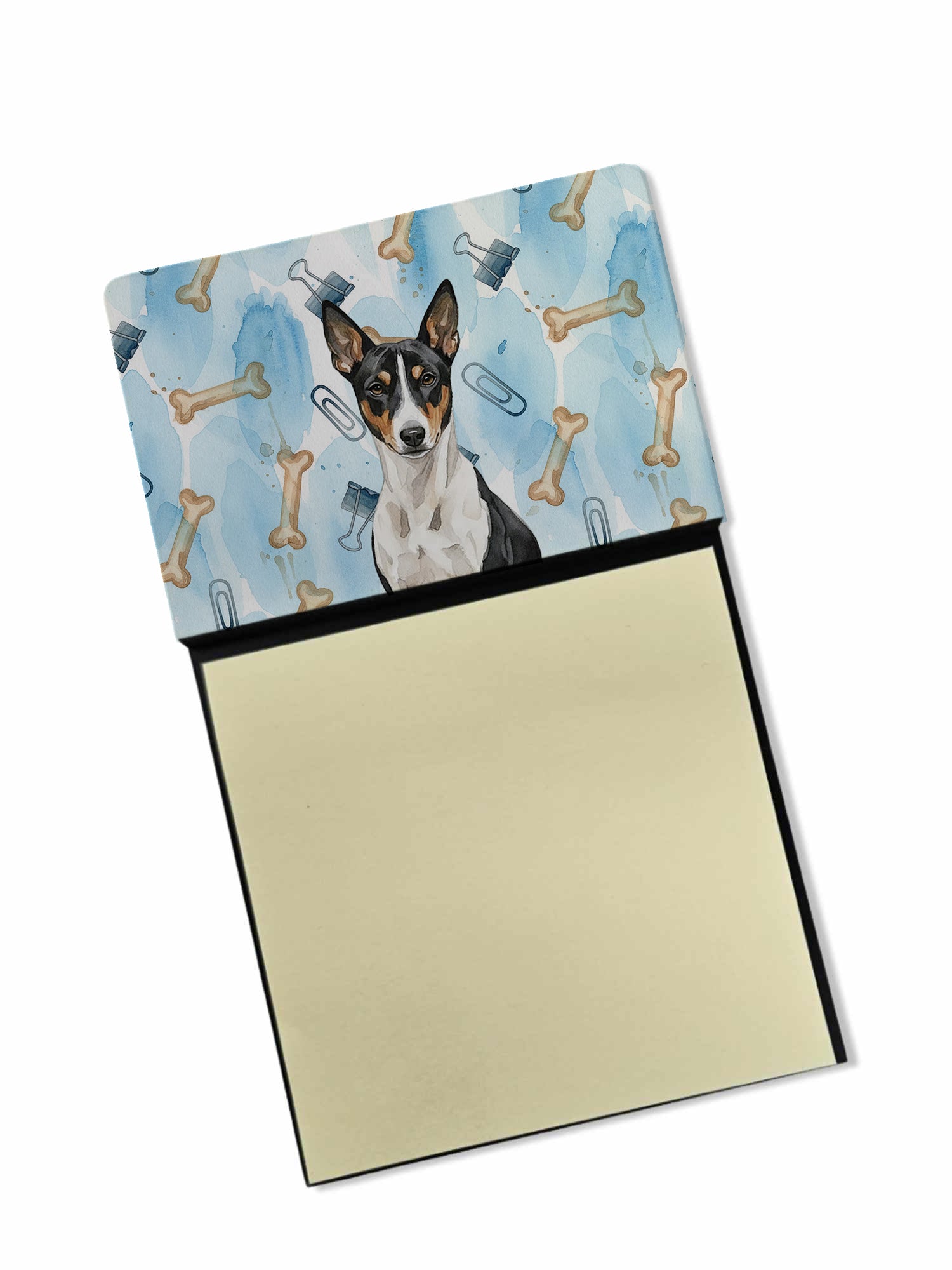Black and White Basenji Coworker Watercolor Sticky Note Holder Refillable Dispenser Desk Accessory 3x3 Pad Gift