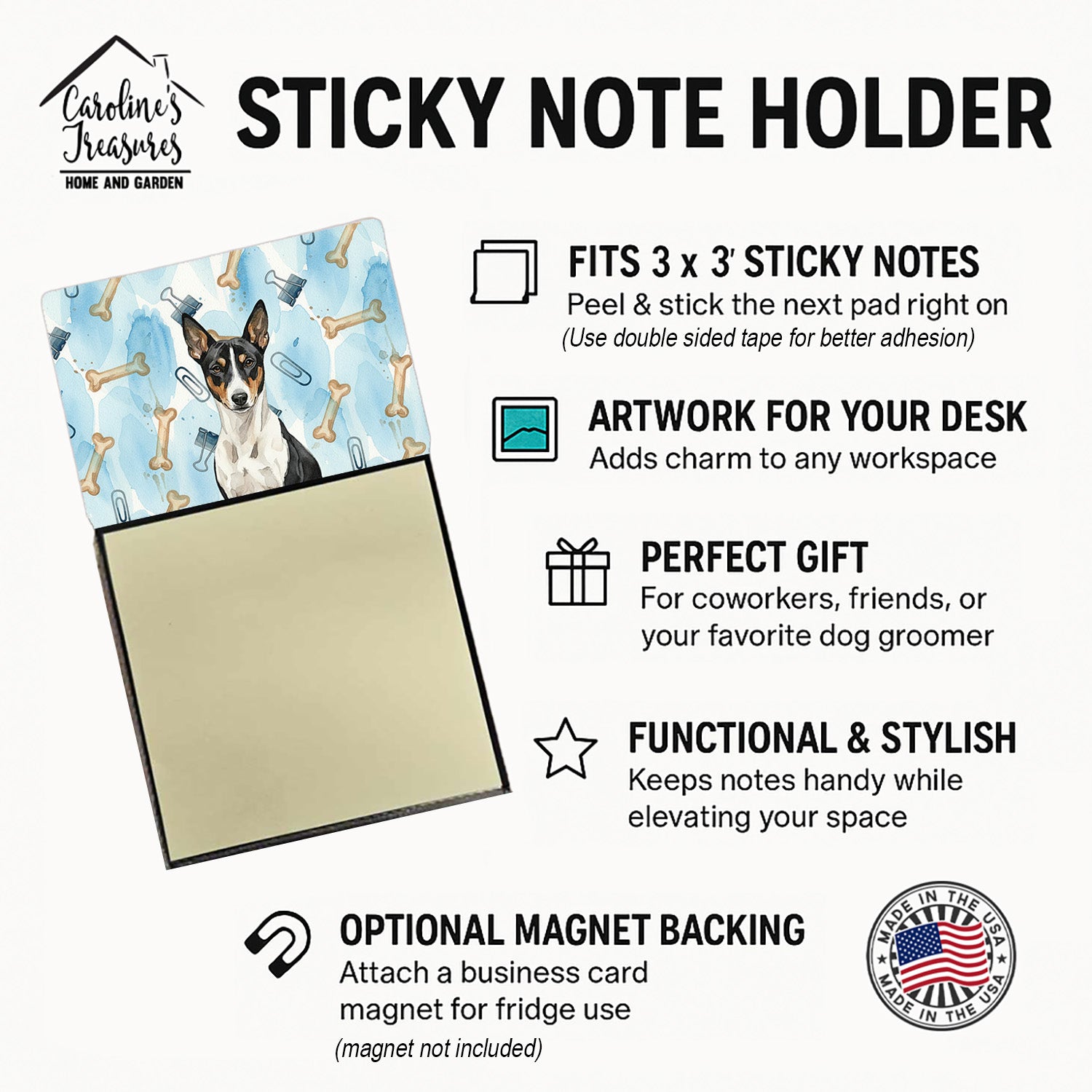 Black and White Basenji Coworker Watercolor Sticky Note Holder Refillable Dispenser Desk Accessory 3x3 Pad Gift