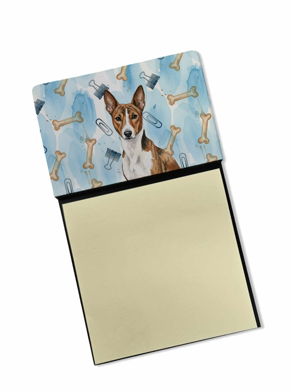 Brindle and White Basenji Coworker Watercolor Sticky Note Holder Refillable Dispenser Desk Accessory 3x3 Pad Gift