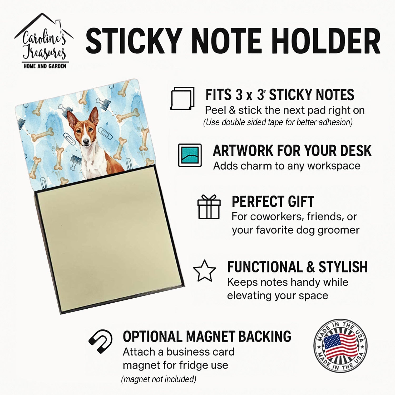 Red and White Basenji Coworker Watercolor Sticky Note Holder Refillable Dispenser Desk Accessory 3x3 Pad Gift