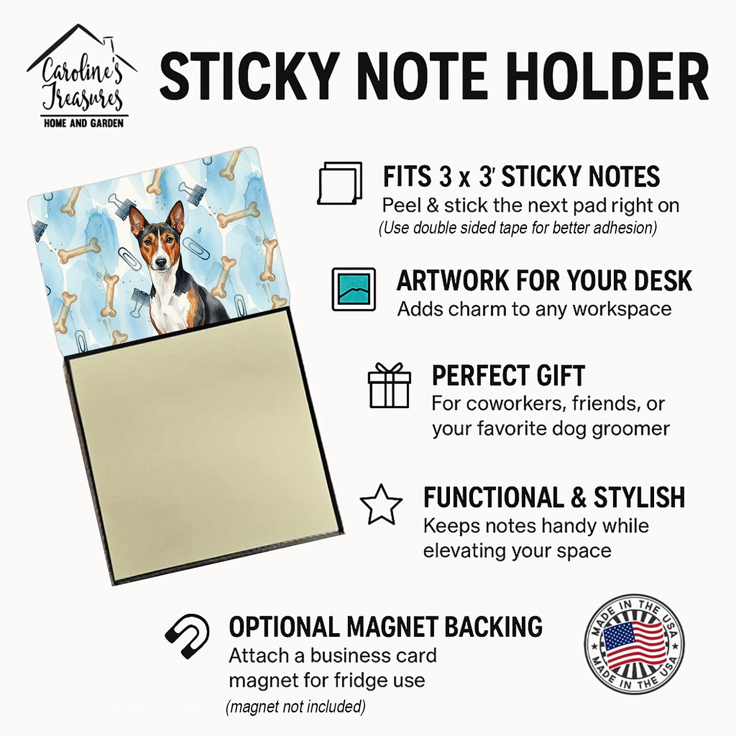 Tricolor and White Basenji Coworker Watercolor Sticky Note Holder Refillable Dispenser Desk Accessory 3x3 Pad Gift