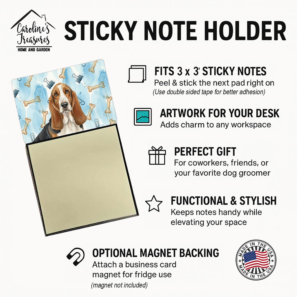 Tricolor and White Basset Hound Coworker Watercolor Sticky Note Holder Refillable Dispenser Desk Accessory 3x3 Pad Gift
