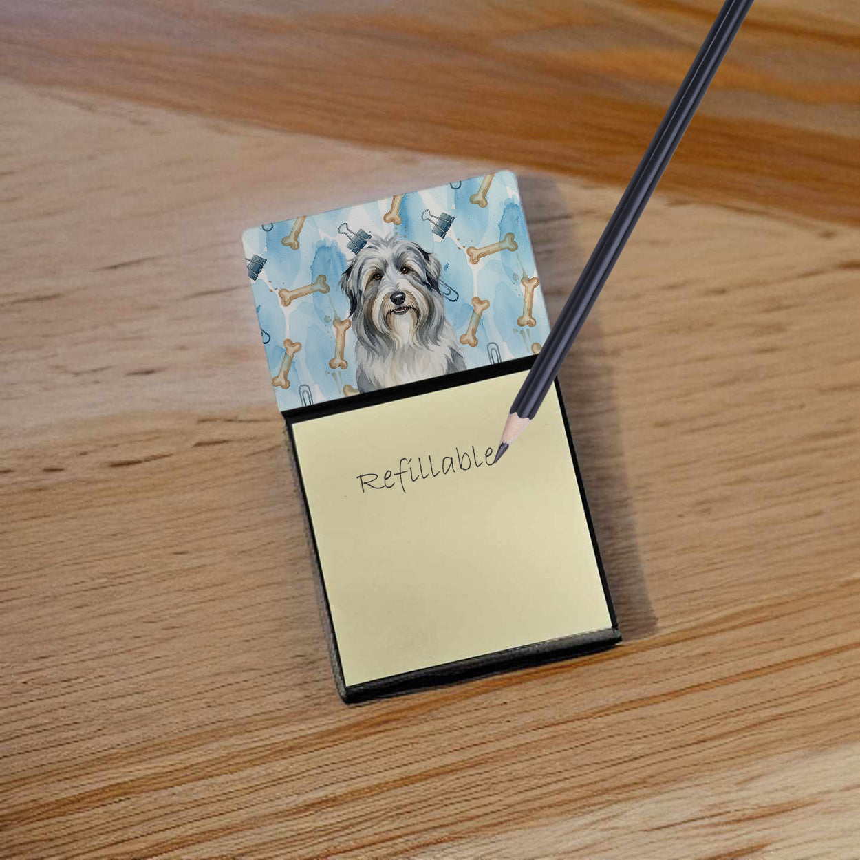 Bearded Collie Coworker Watercolor Sticky Note Holder Refillable Dispenser Desk Accessory 3x3 Pad Gift