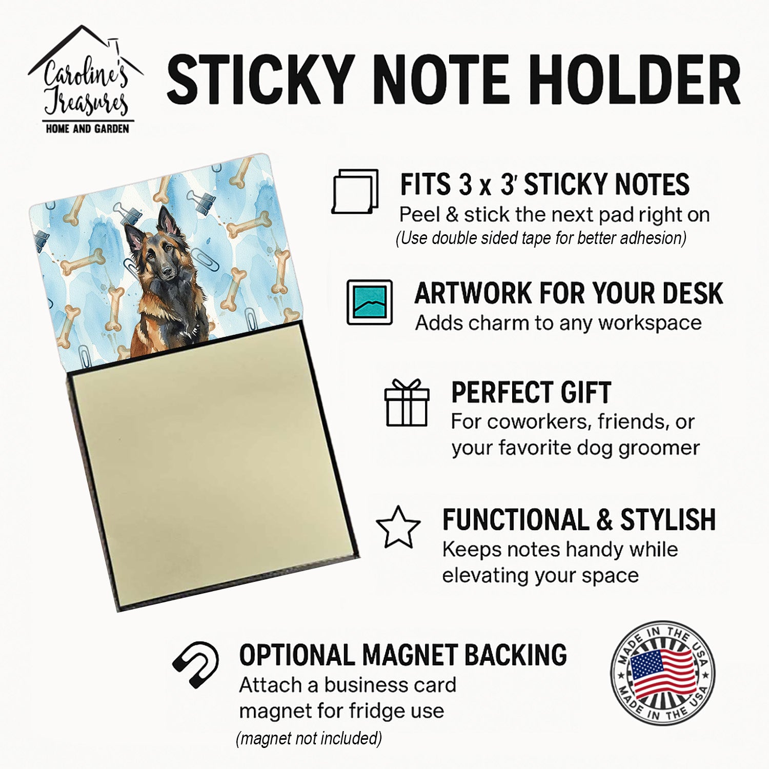 Belgian Tervuren Coworker Watercolor Sticky Note Holder Refillable Dispenser Desk Accessory 3x3 Pad Gift