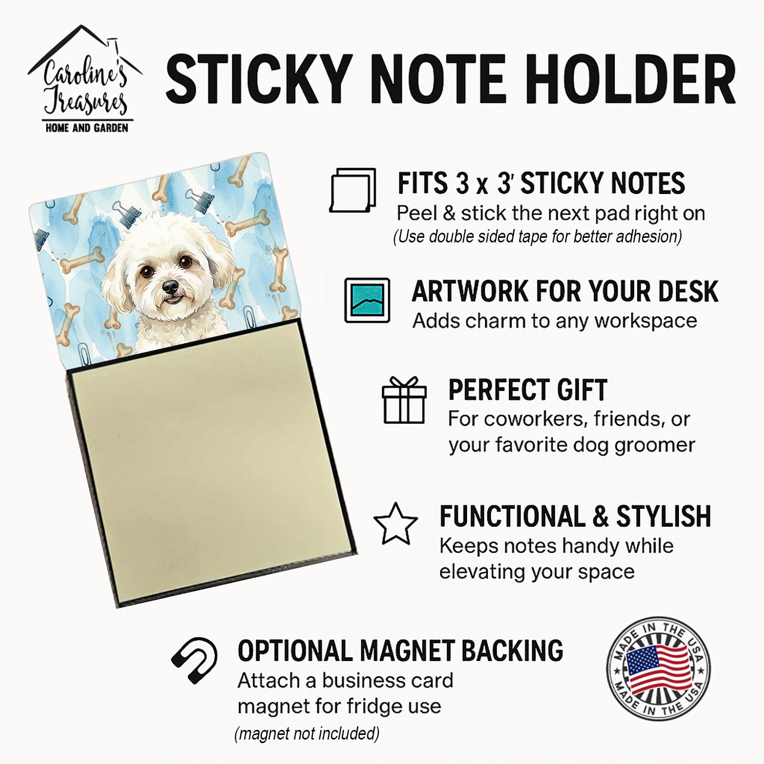 White and Cream Bichon Frise Coworker Watercolor Sticky Note Holder Refillable Dispenser Desk Accessory 3x3 Pad Gift