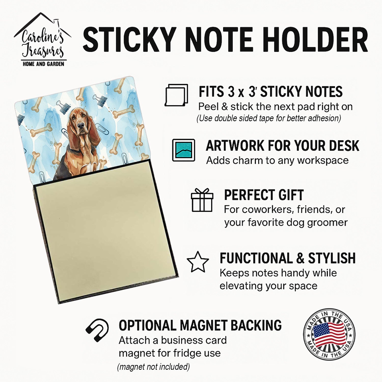 Liver and Tan Bloodhound Coworker Watercolor Sticky Note Holder Refillable Dispenser Desk Accessory 3x3 Pad Gift