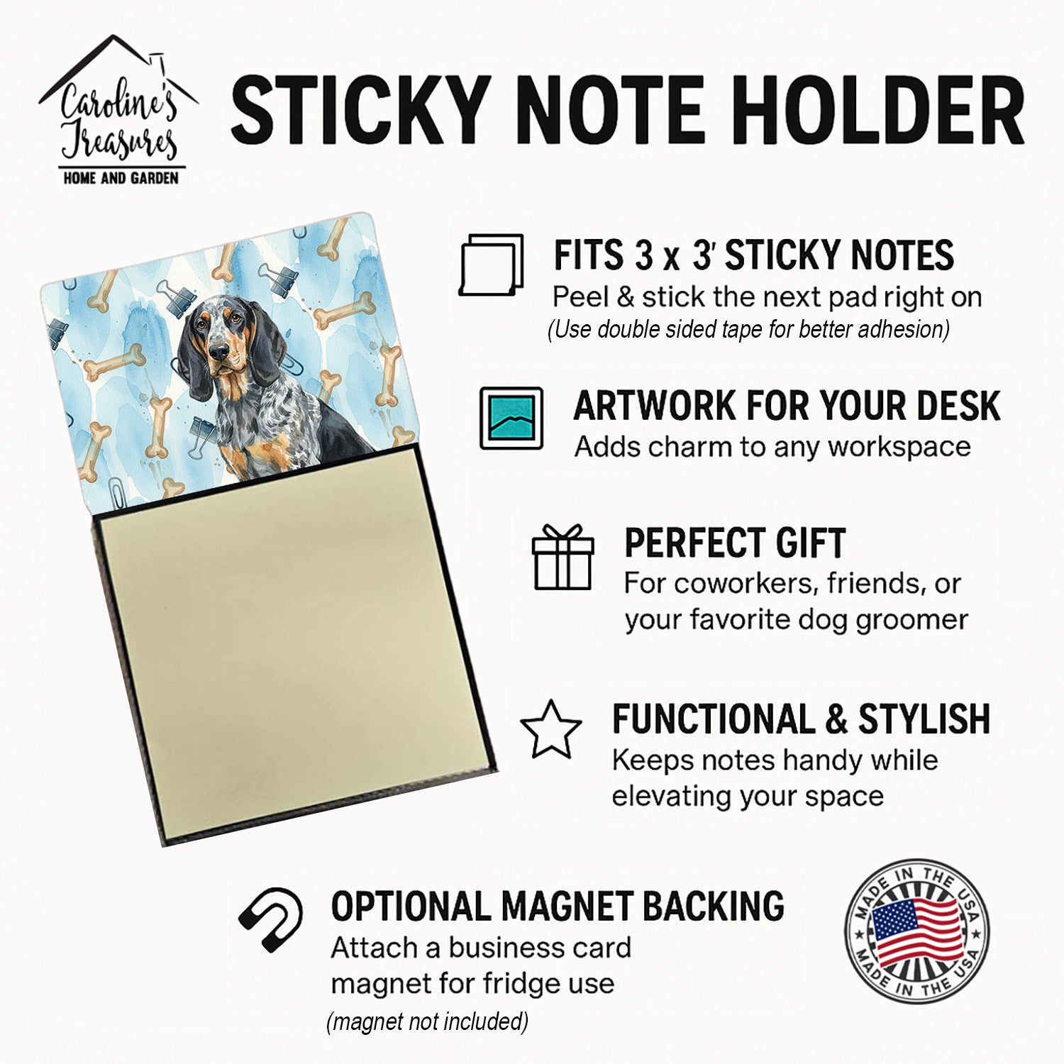 Bluetick Coonhound Coworker Watercolor Sticky Note Holder Refillable Dispenser Desk Accessory 3x3 Pad Gift