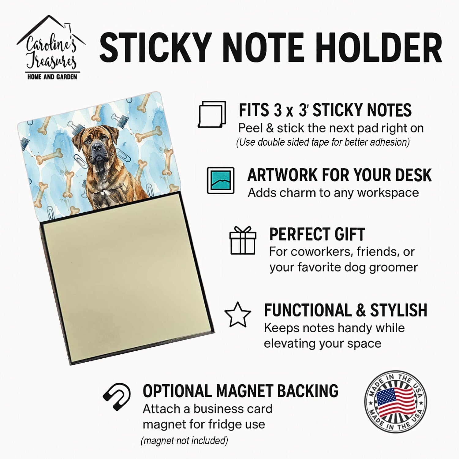 Brindle Boerboel Coworker Watercolor Sticky Note Holder Refillable Dispenser Desk Accessory 3x3 Pad Gift