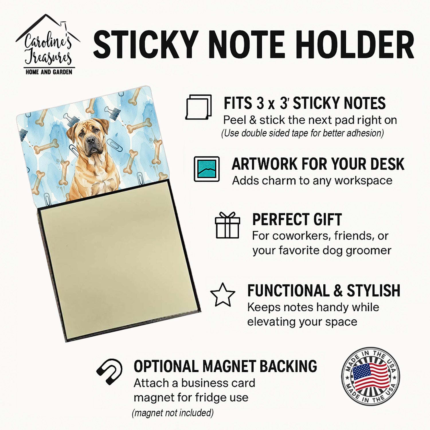 Fawn Boerboel Coworker Watercolor Sticky Note Holder Refillable Dispenser Desk Accessory 3x3 Pad Gift