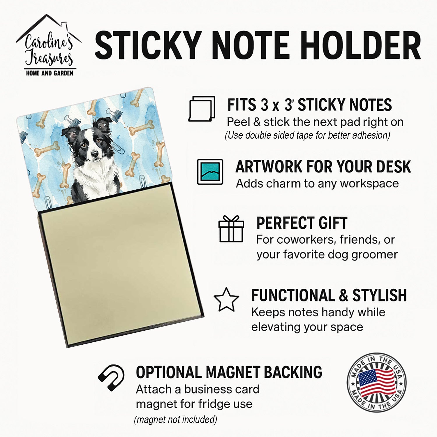 Border Collie Coworker Watercolor Sticky Note Holder Refillable Dispenser Desk Accessory 3x3 Pad Gift