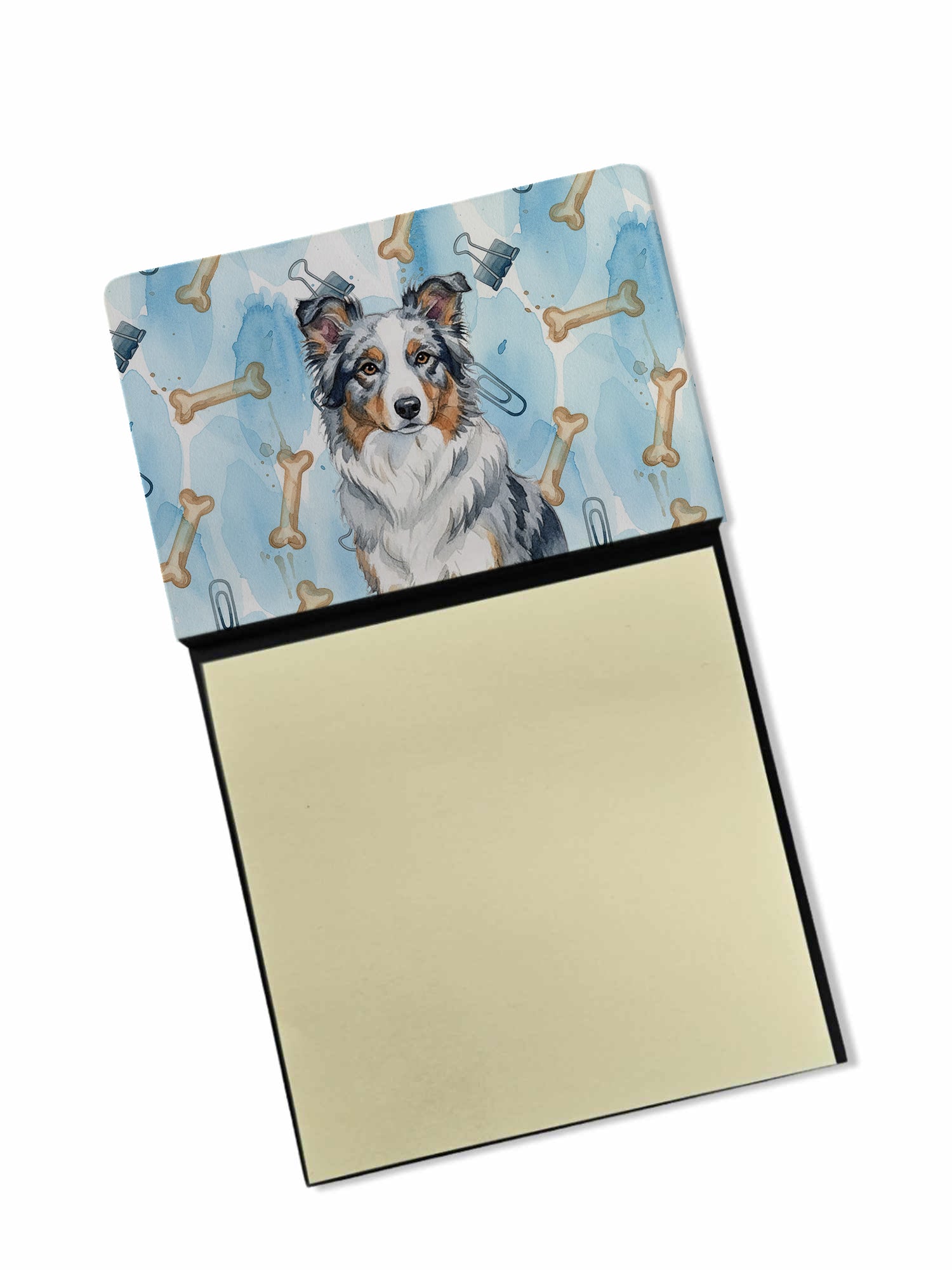 Blue Merle Border Collie Coworker Watercolor Sticky Note Holder Refillable Dispenser Desk Accessory 3x3 Pad Gift