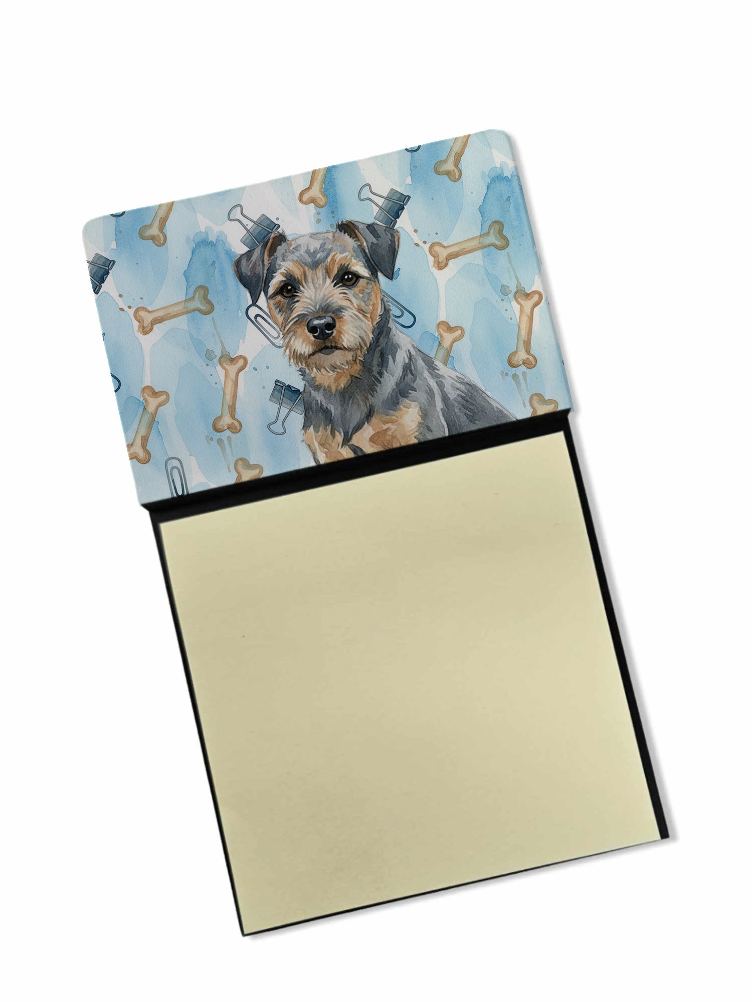 Blue and Tan Border Terrier Coworker Watercolor Sticky Note Holder Refillable Dispenser Desk Accessory 3x3 Pad Gift