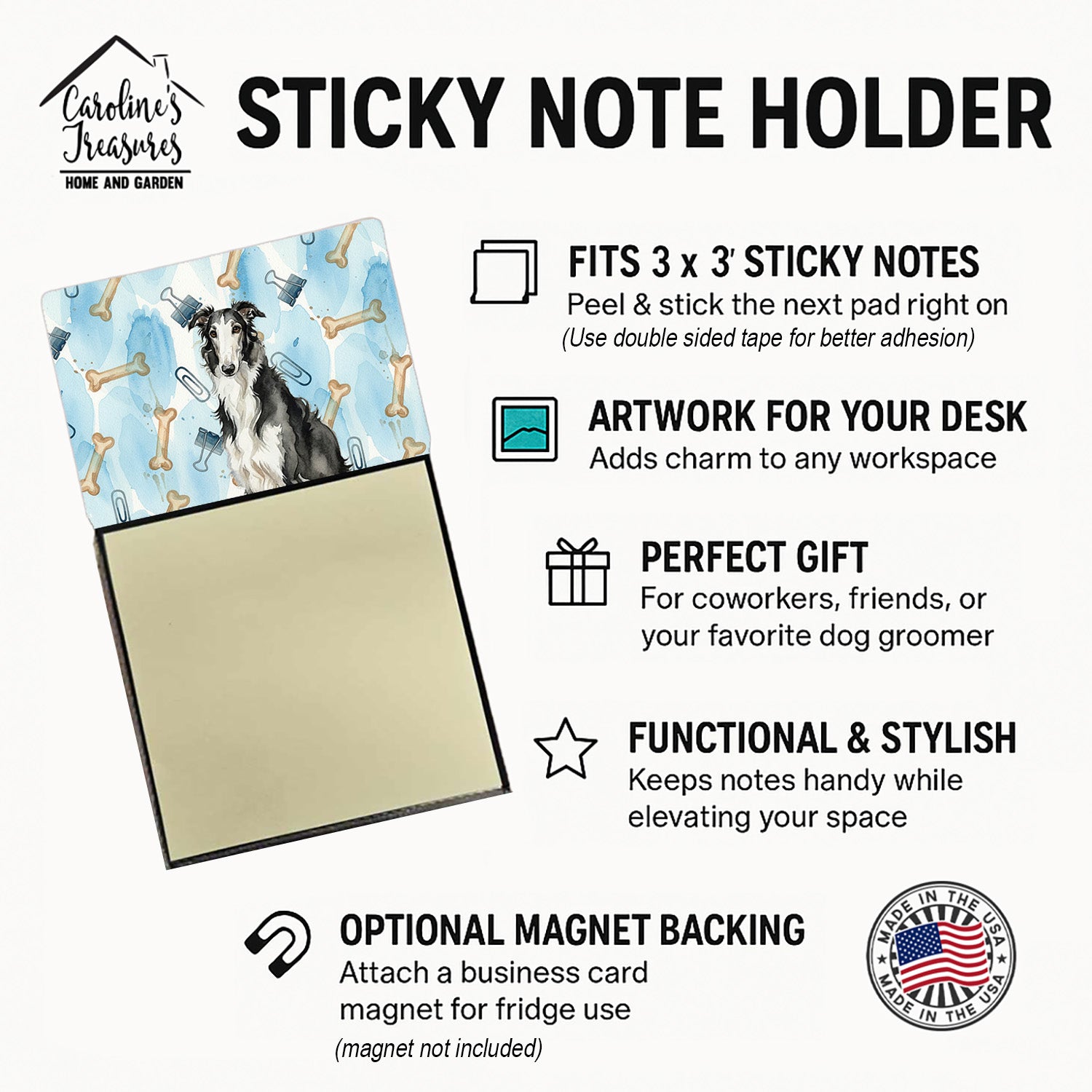 Black and White Borzoi Coworker Watercolor Sticky Note Holder Refillable Dispenser Desk Accessory 3x3 Pad Gift