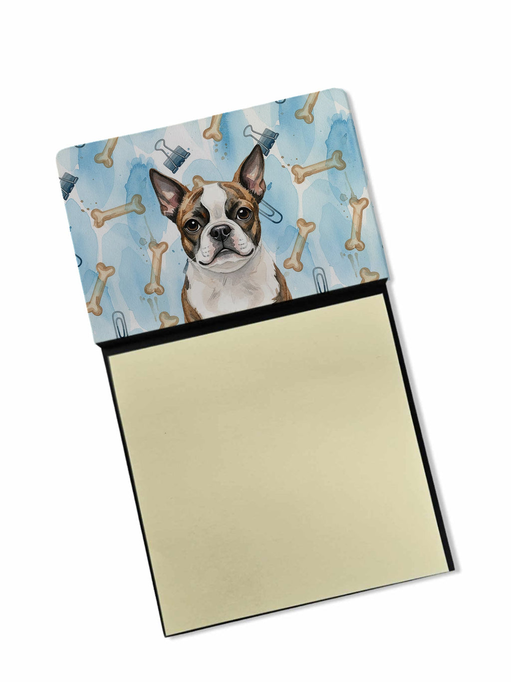 Brindle Boston Terrier Coworker Watercolor Sticky Note Holder Refillable Dispenser Desk Accessory 3x3 Pad Gift