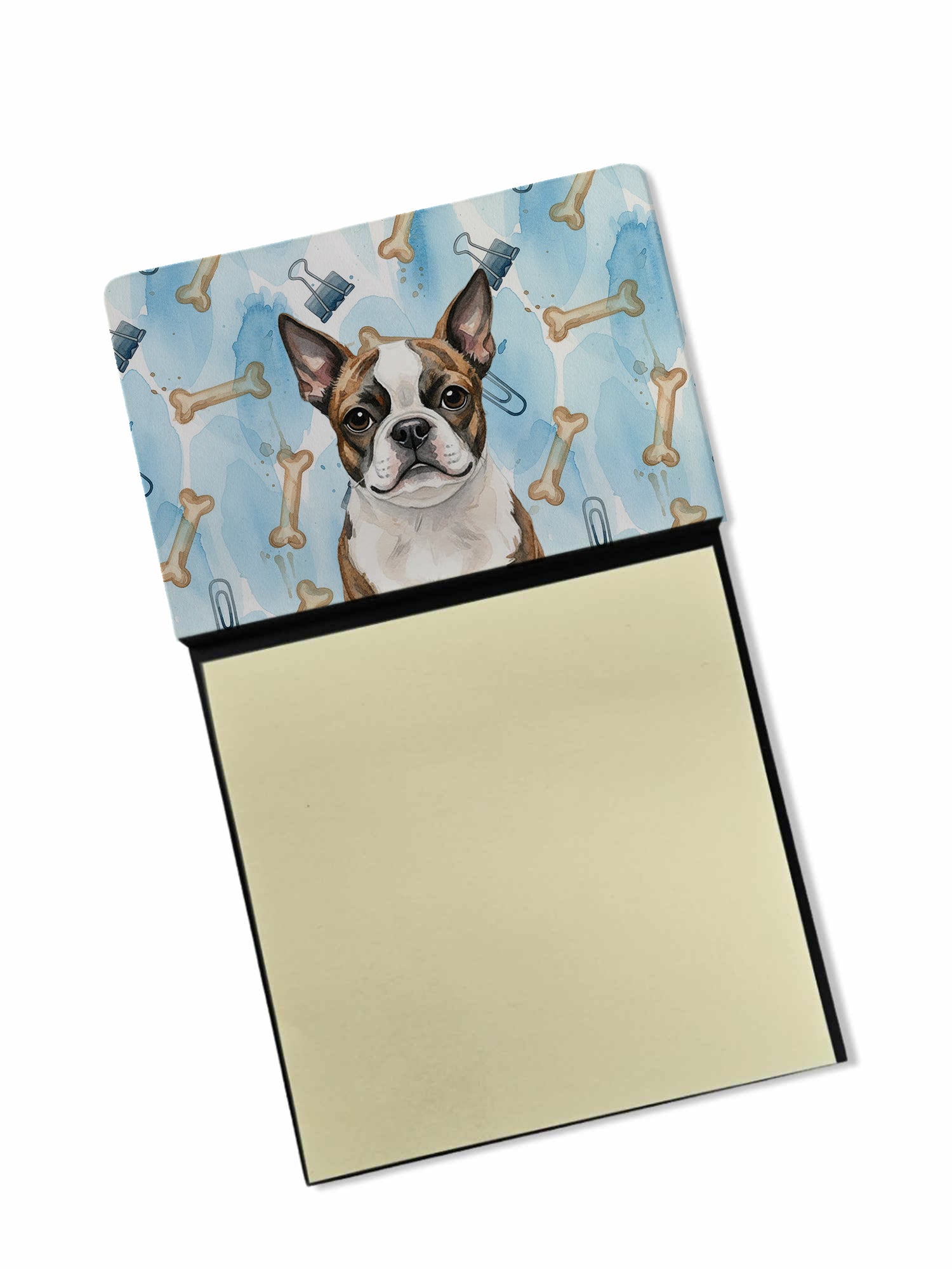 Brindle Boston Terrier Coworker Watercolor Sticky Note Holder Refillable Dispenser Desk Accessory 3x3 Pad Gift